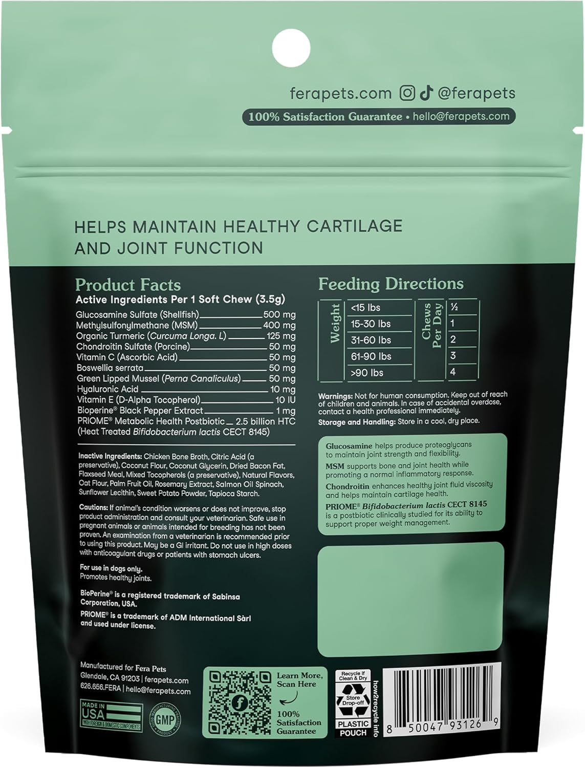 Fera Pets Hip & Joint Supplement for Dogs with Glucosamine, 10 Soft Chews
