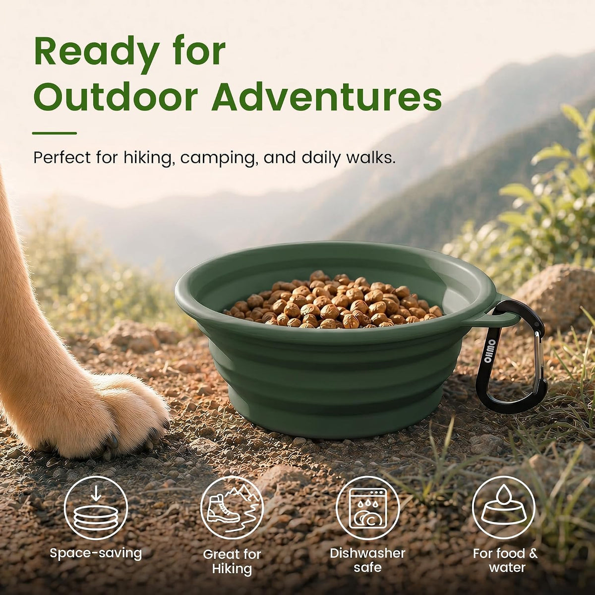 OHMO Collapsible Dog Bowls for Pet Travel, 12oz, 2pcs, Camo&Sage Green | Portable Water Bowl, Cat-Friendly, BPA-Free Silicone, Foldable Storage, Lightweight Carry, Hiking&Camping Gear, Easy-Clean