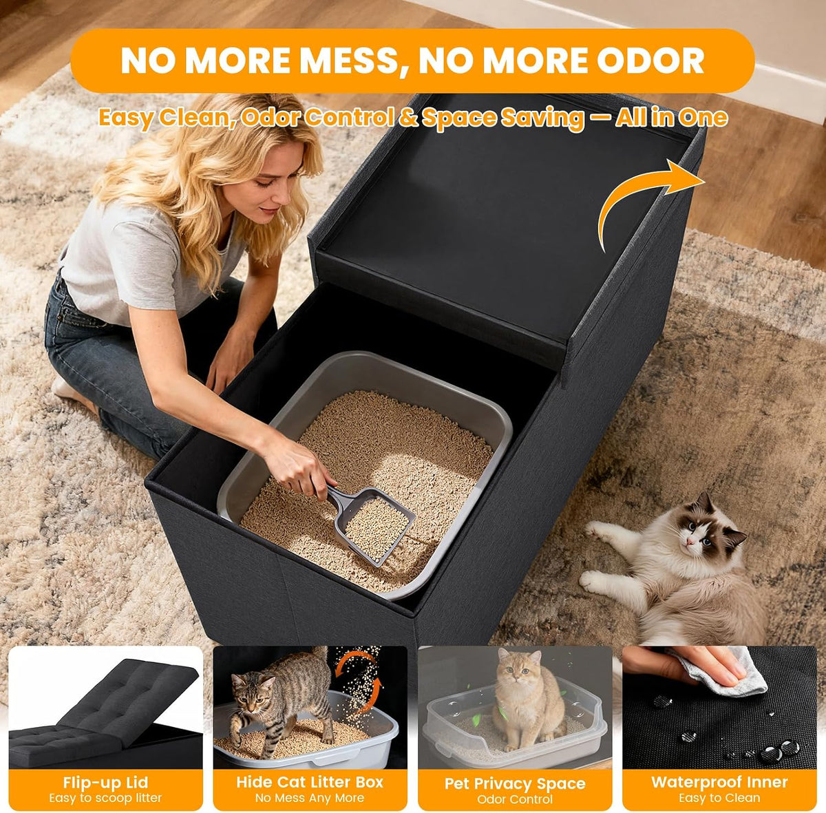 3-in-1 Cat Litter Box Enclosure Furniture, XX-Large, Dark Grey