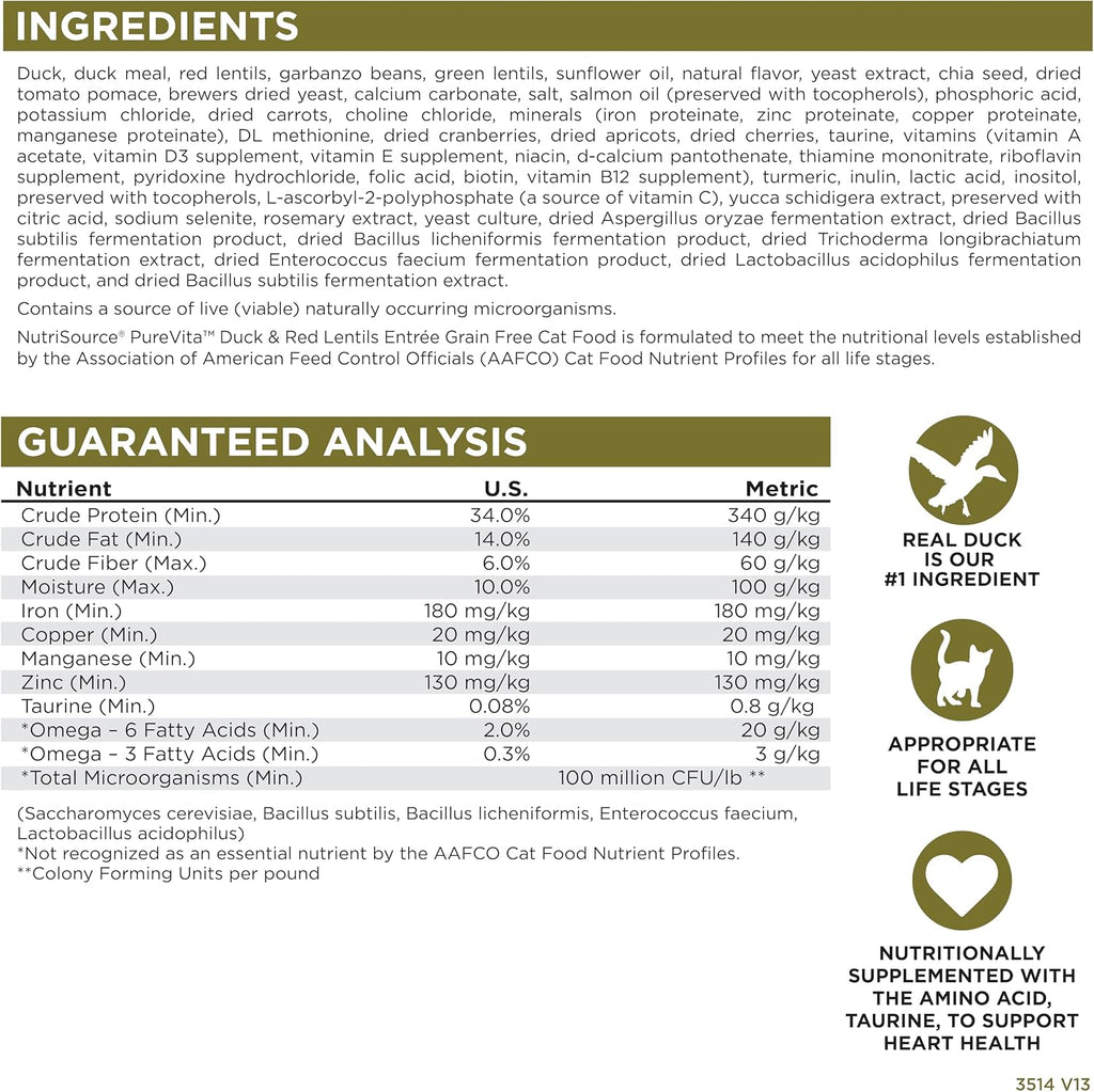 NutriSource Pure Vita Grain Free Cat Food, Duck and Red Lentils, 12LB