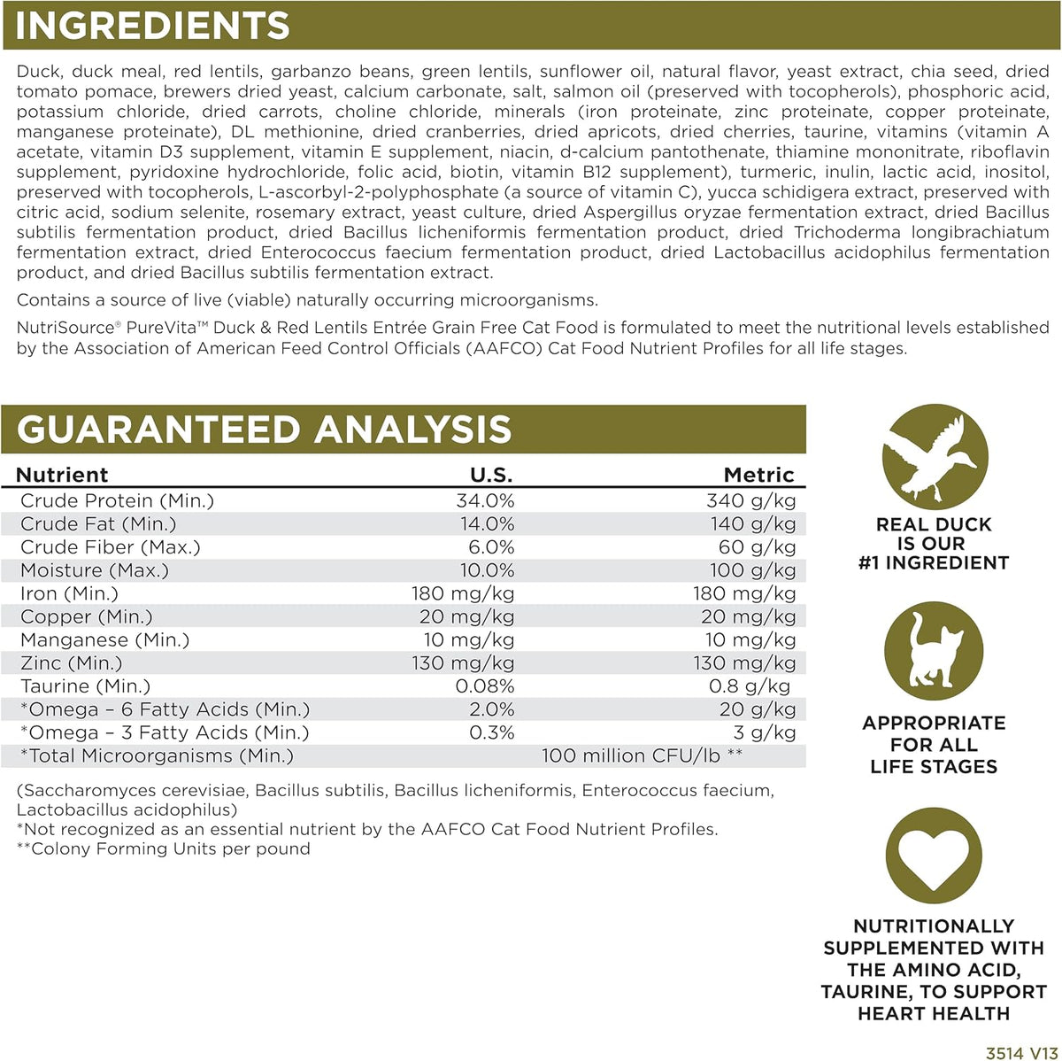 NutriSource Pure Vita Grain Free Cat Food, Duck and Red Lentils, 12LB