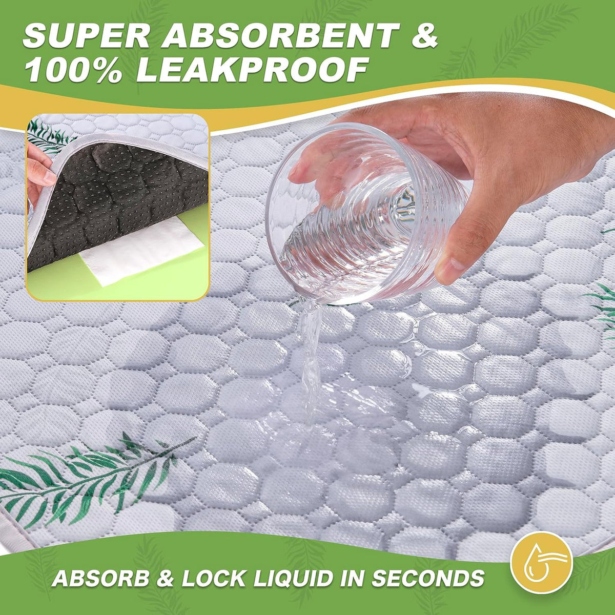 Washable Dog Pee Pads, Non-Slip Waterproof, 36 x 54 in, 2 Pack, Leaf | Super absorbent, waterproof and non-slip; washable, reusable dog pads for crates, playpens, floors, furniture and travel