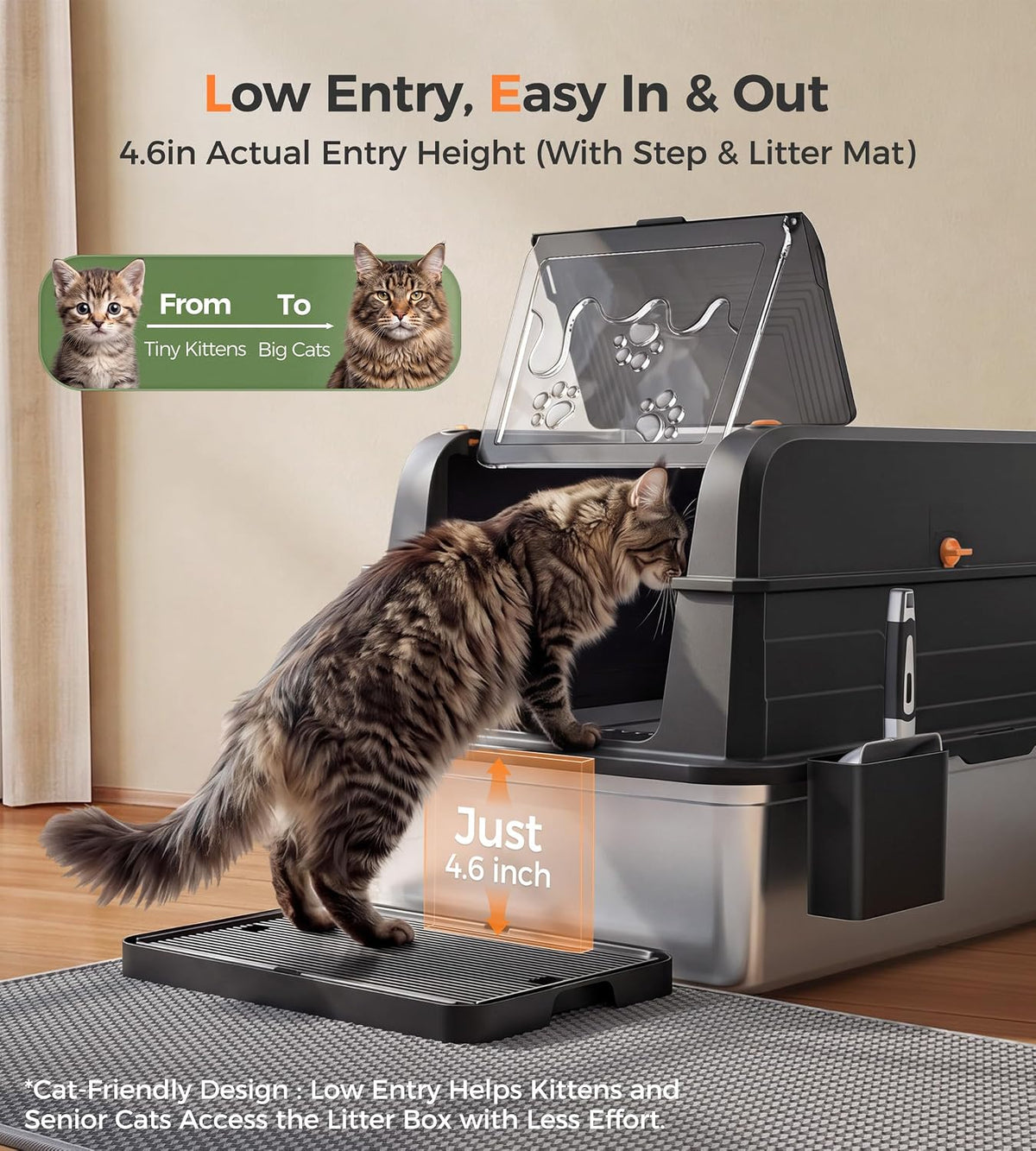 Catlike Upgrade XXXL Stainless Steel Cat Litter Box 3-Layer Leak-Proof | Oversized Real 152L Capacity Enclosed Design w/ Charcoal Filter for Maine Coon & Multi-Cat Homes, with Metal Scoop & XL Mat