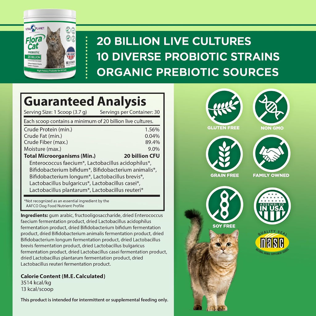 Vital Planet - Flora Cat Probiotic Powder Supplement with 20 Billion Cultures and 10 Diverse Strains High Potency Probiotics for All Cats for Feline Digestive and Immune Support 30 Scoops 3.92 oz