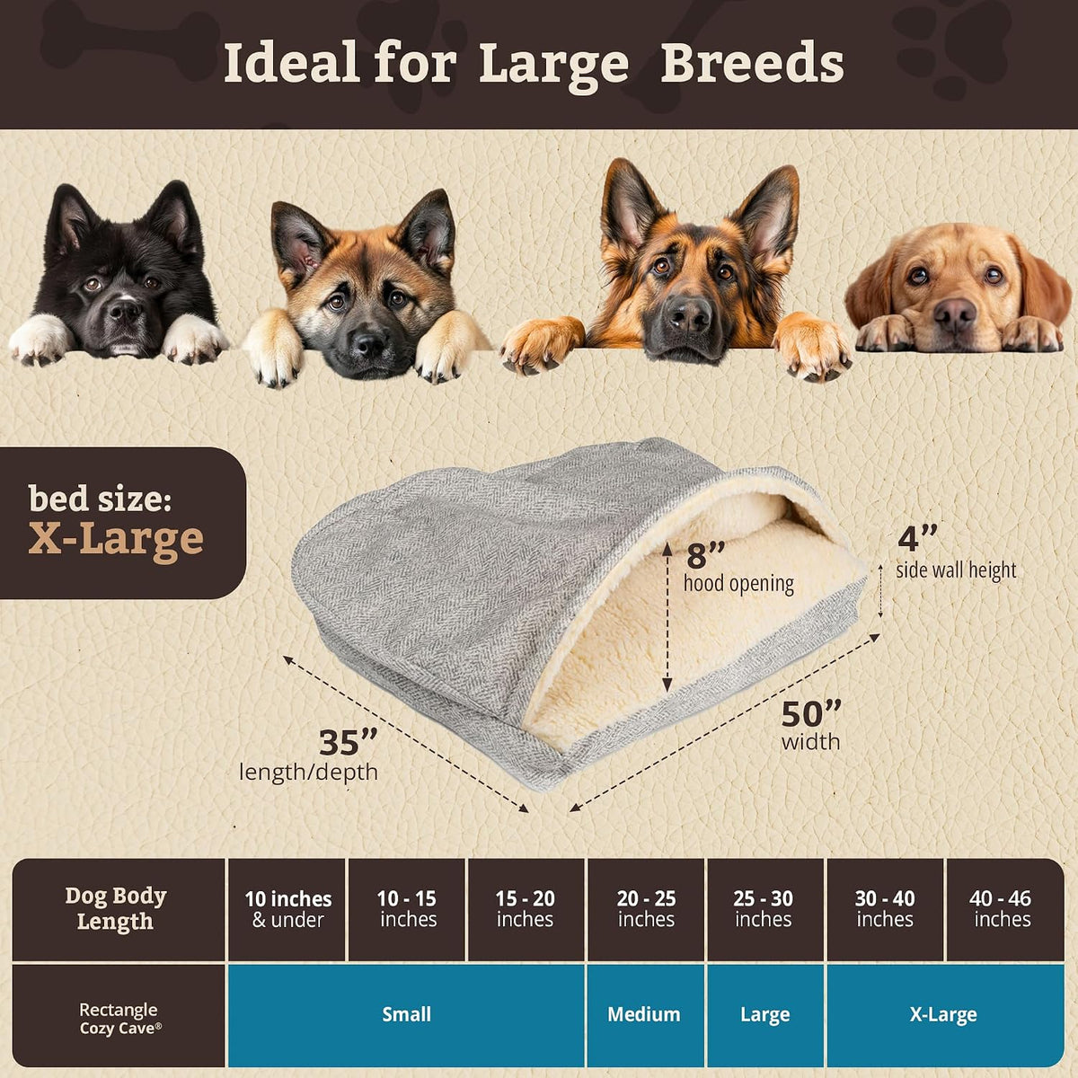 Snoozer Rectangle Cozy Cave Dog Bed, Hooded Dog Bed, Palmer Dove (XL)