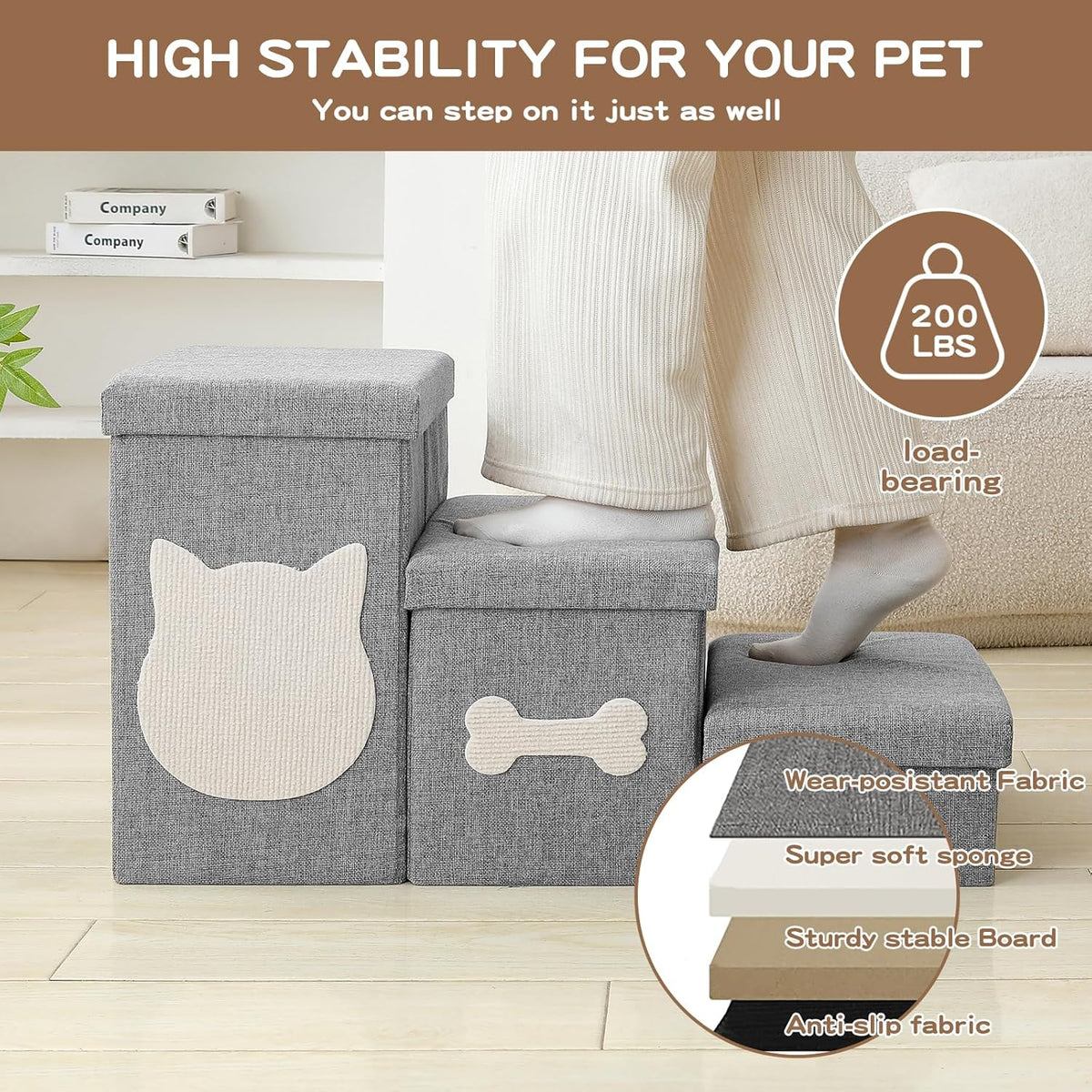 3-Step Dog Stairs for Small Dogs, Folding Dog Steps for Bed, Grey