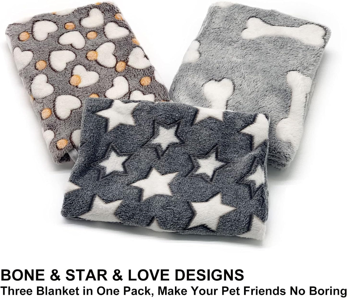 2 Pack 3 Puppy Blankets Super Soft Warm Sleep Mat Grey Cute Print Fluffy Fleece Pet Flannel Throw Dog Blankets for Small Dogs Cats,Star&Bone&Love- Small (23"x15")