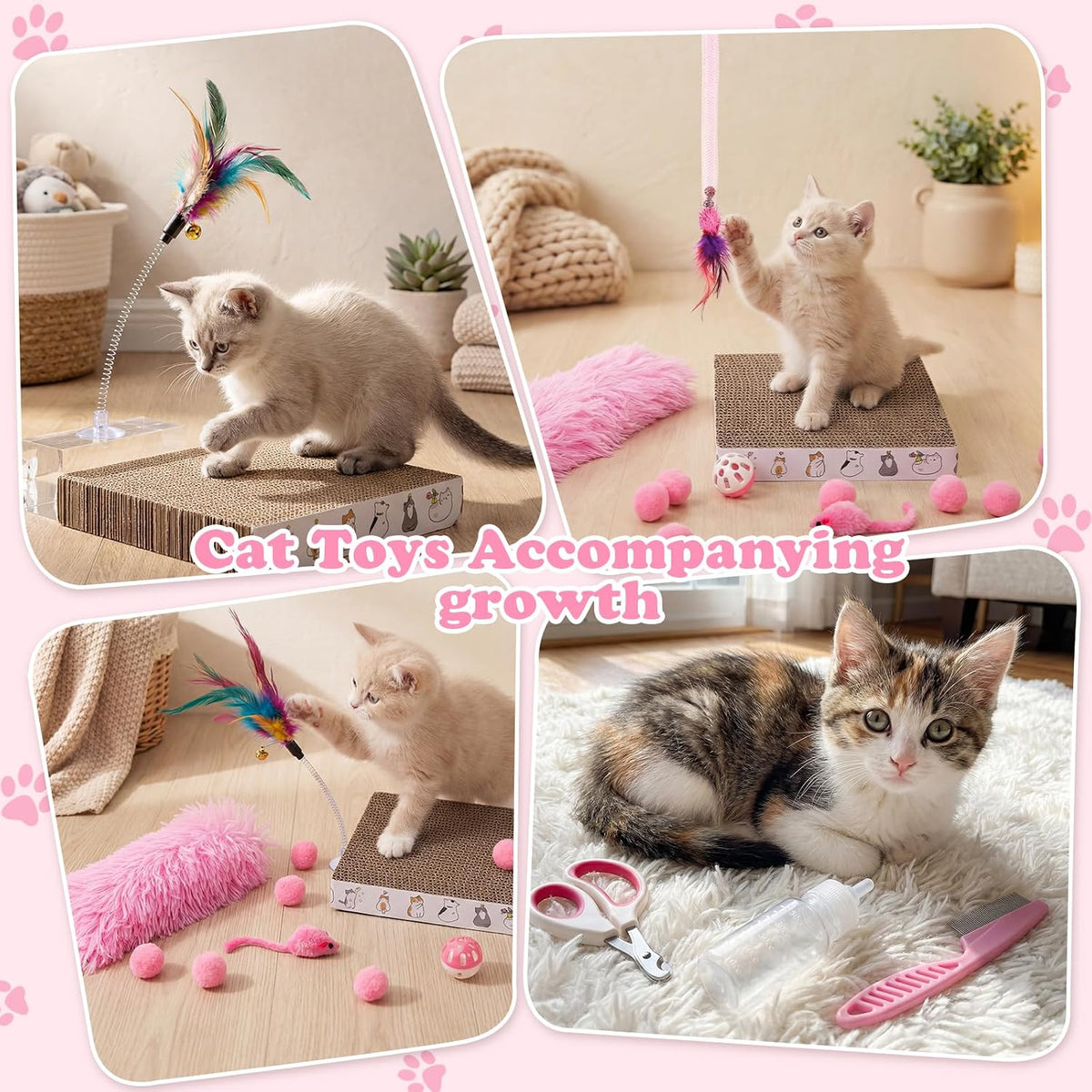 Leitee 28 Pcs Cat Starter Kit with Litter Box Scratcher Toys Bowls, Pink