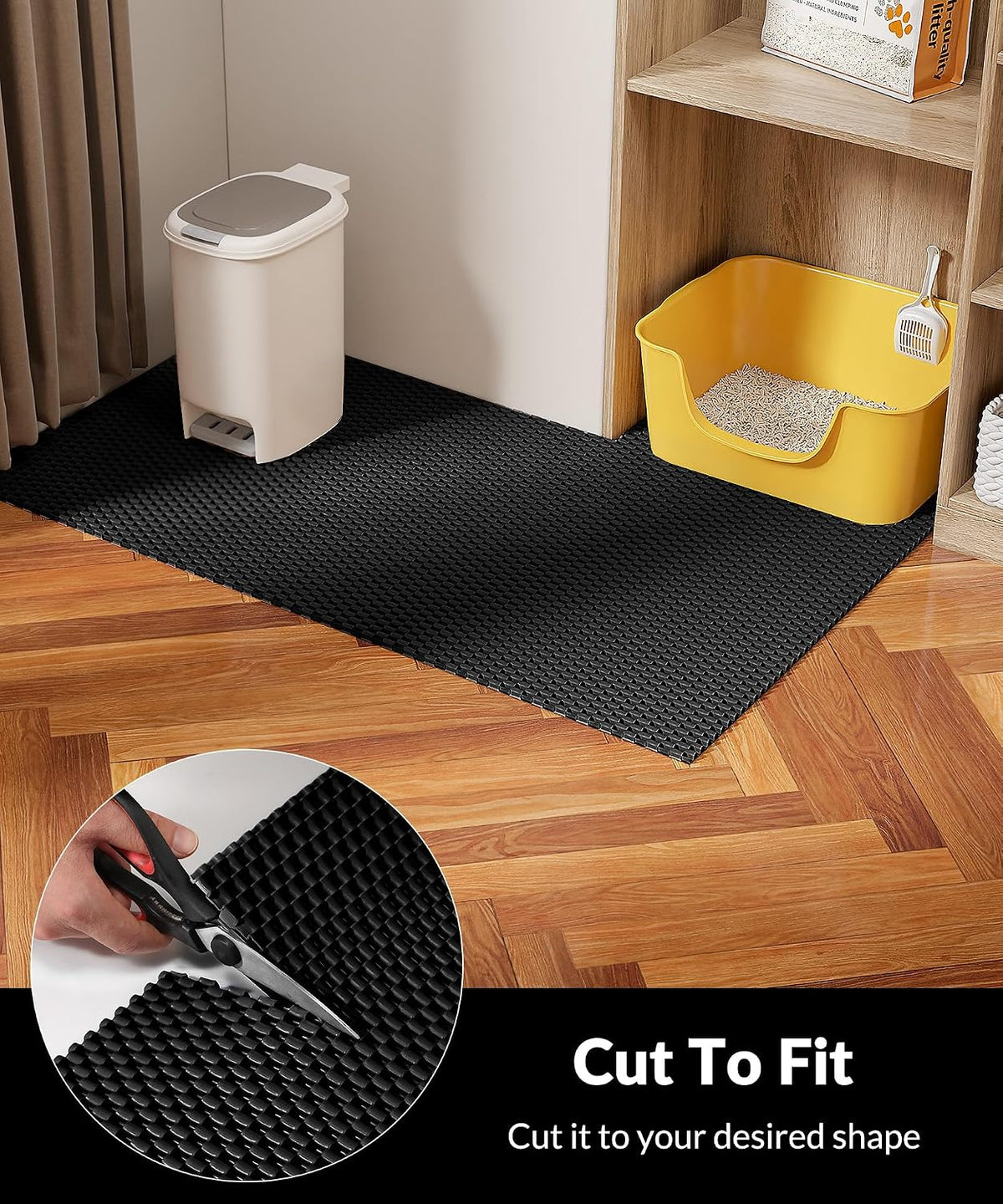 Cooyes Cat Litter Mat - Cut to Fit Any Place, 47"x35" Litter Trapping Mat | for Litter Box, Extra Large, Easy to Clean, Waterproof & Non-Slip Kitty Pad, Scatter Control to Protect the Floor (Black)