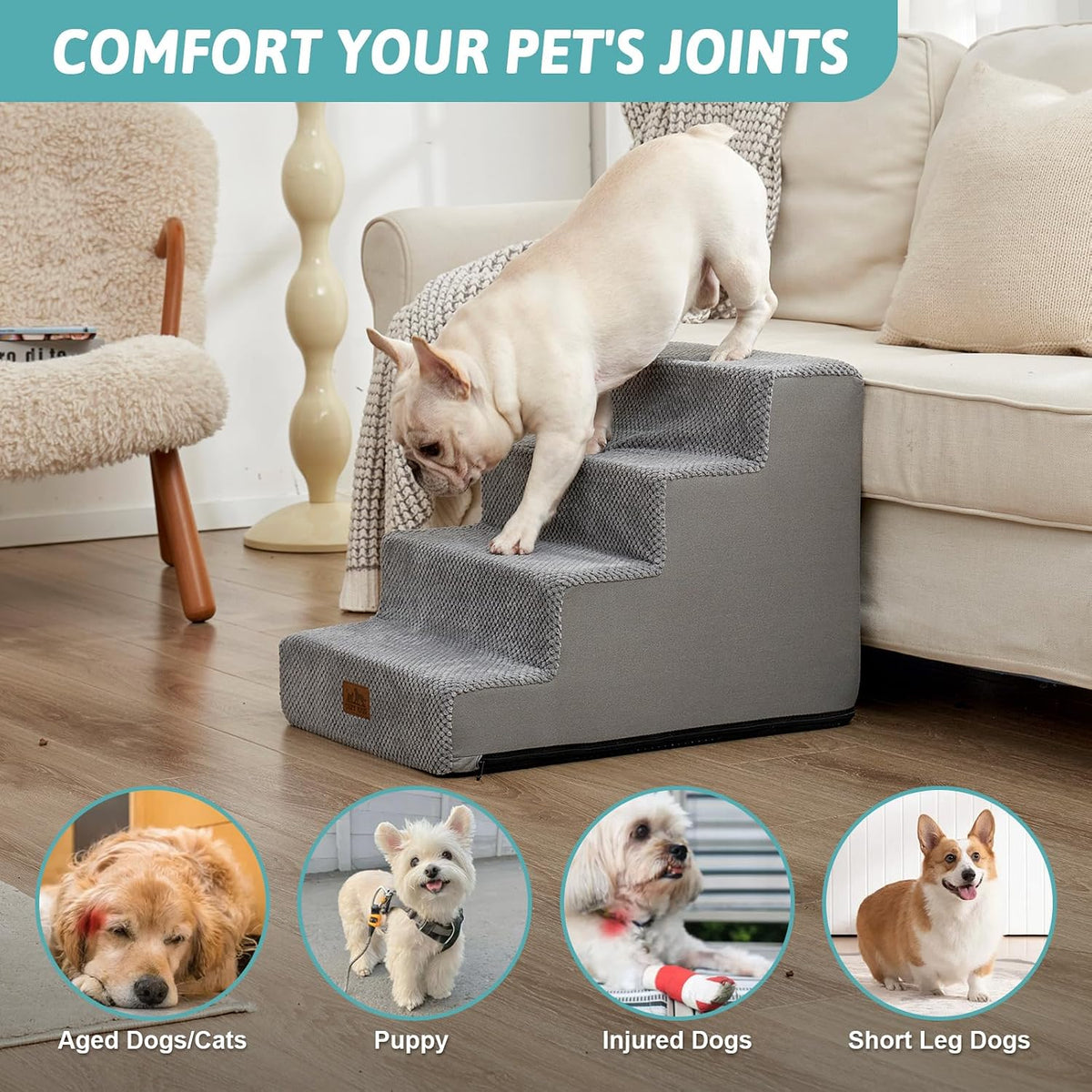 COZY KISS Dog Stairs for Small Dogs, 4 Step Pet Stairs for Beds & Couches