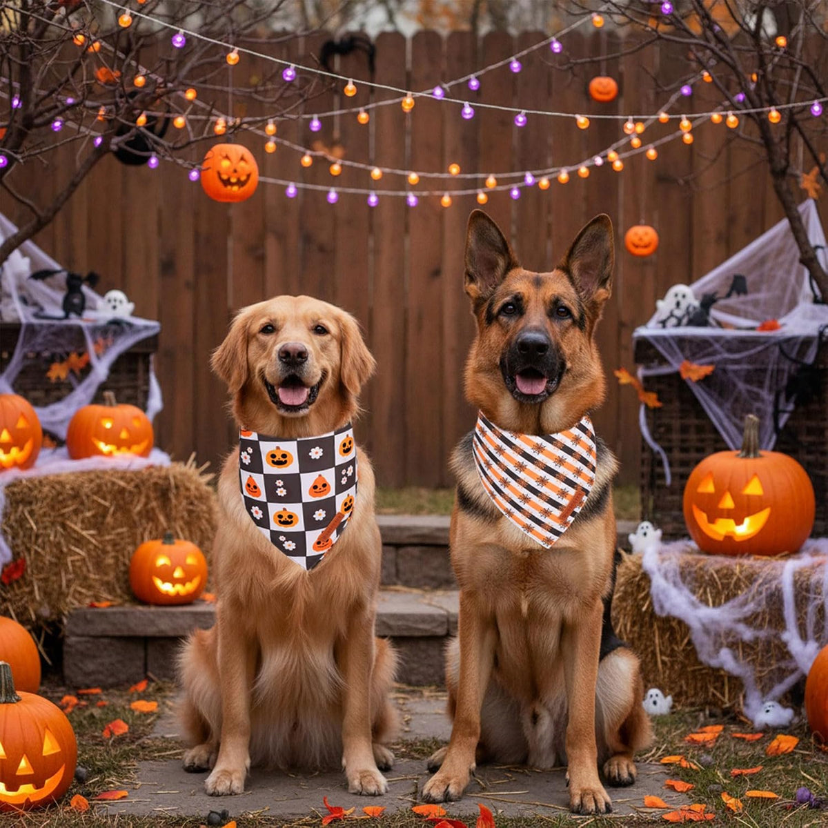 ADOGGYGO Halloween Dog Bandanas, Checkered Pumpkin Bandana for Dogs, XL