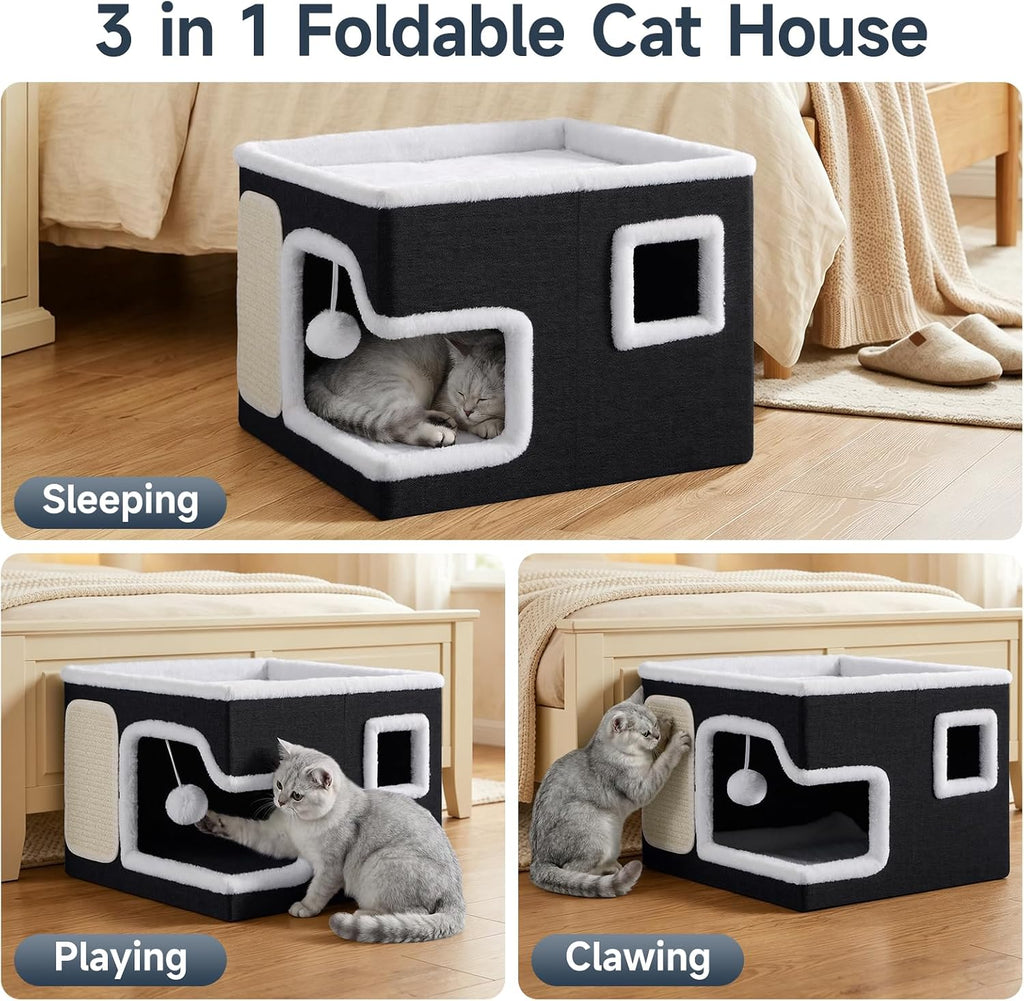 Shikha Cat Bed House for Indoor Cats with Fluffy Ball and Scratch Pad Black