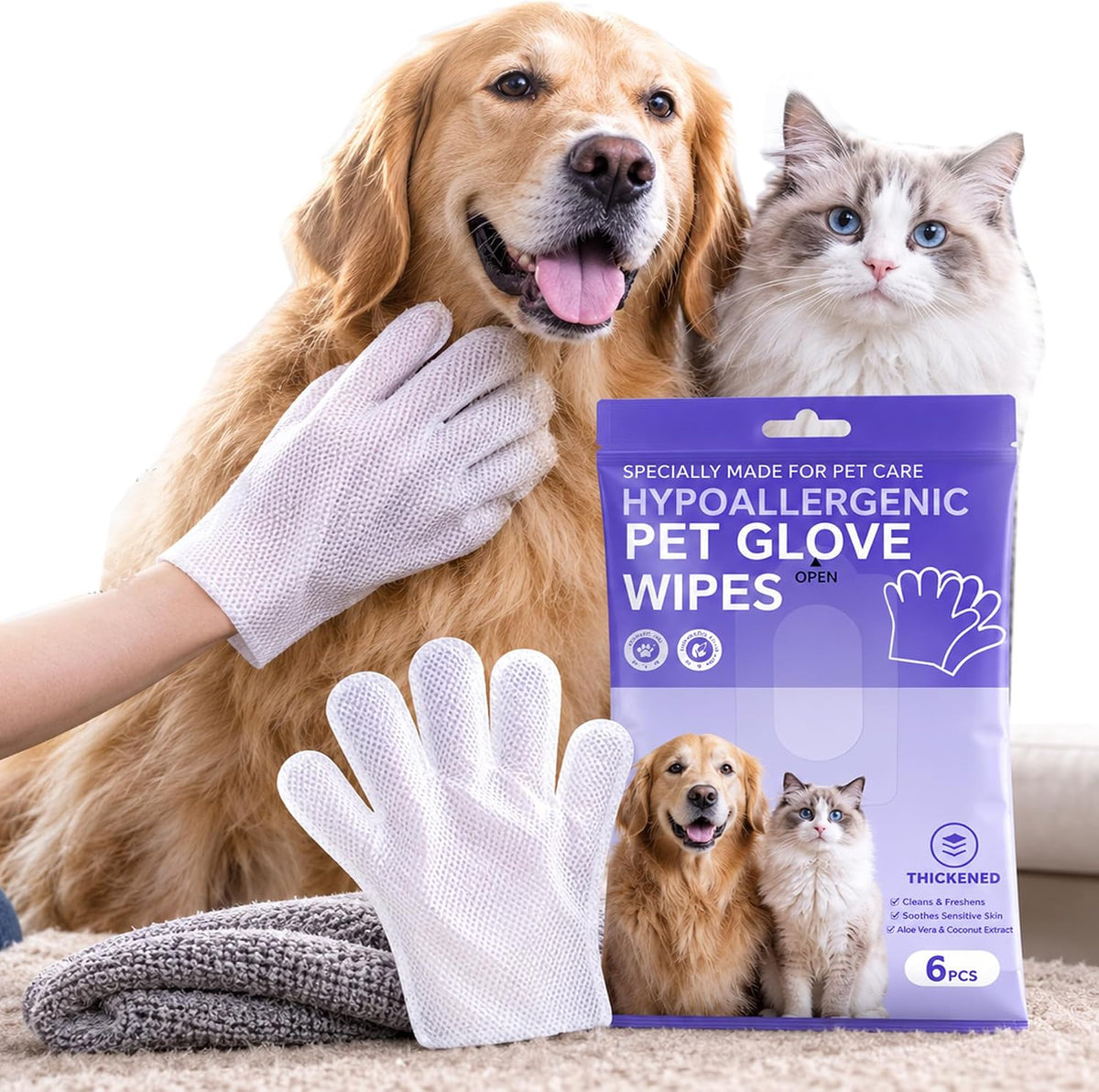 LEVOS 6PCS Pet Glove Dog Cats Wipes Paws and Butt Bath Waterless Cleaning