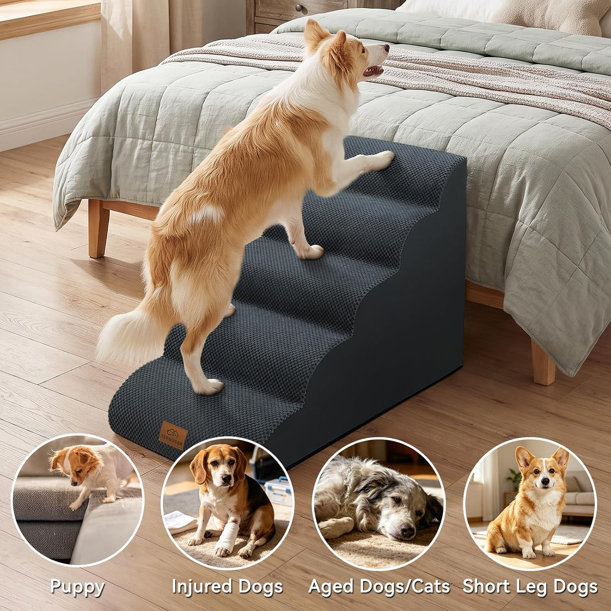Zerbuger Dog Ramp and Stair for Bed 16" H-22 H,3-Step Cat Stair for Sofa