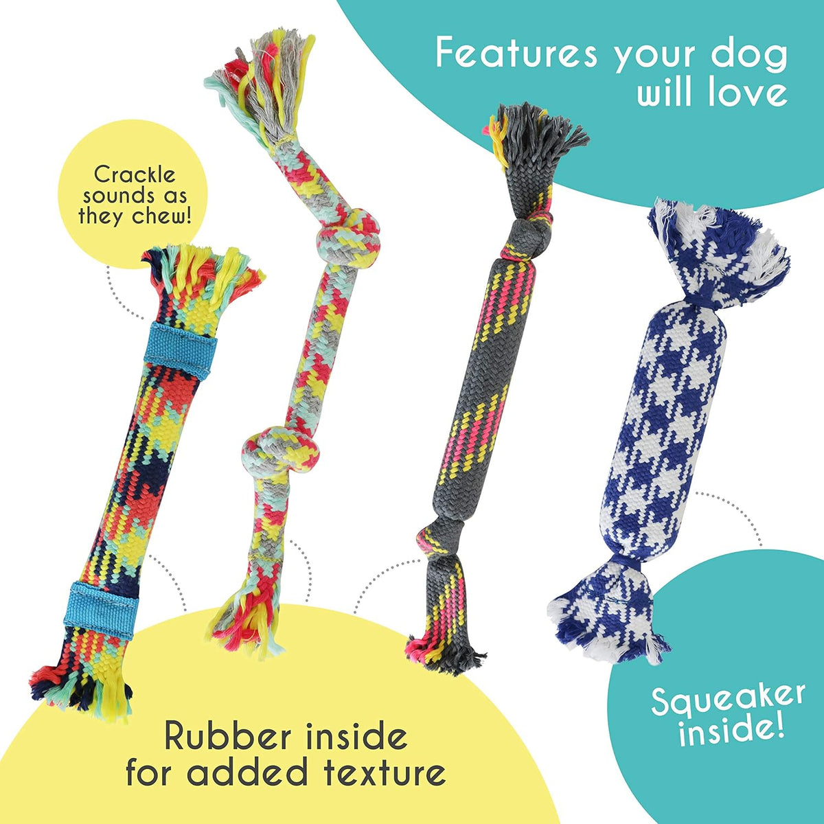 rocket & rex Puppy Tug Rope Toys for Small Dogs, Teething (4pk) | For small breeds & puppies. Includes crackle, rubber-interior & squeaker rope toys. Reduces anxiety & chewing.