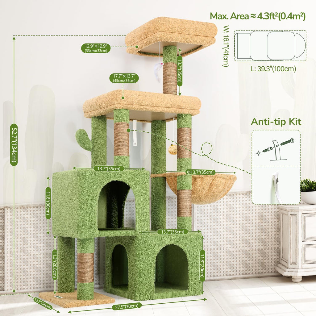 Globlazer 52in Cactus Cat Tree Tower for Indoor Cats, 2 Condos, S52, Green