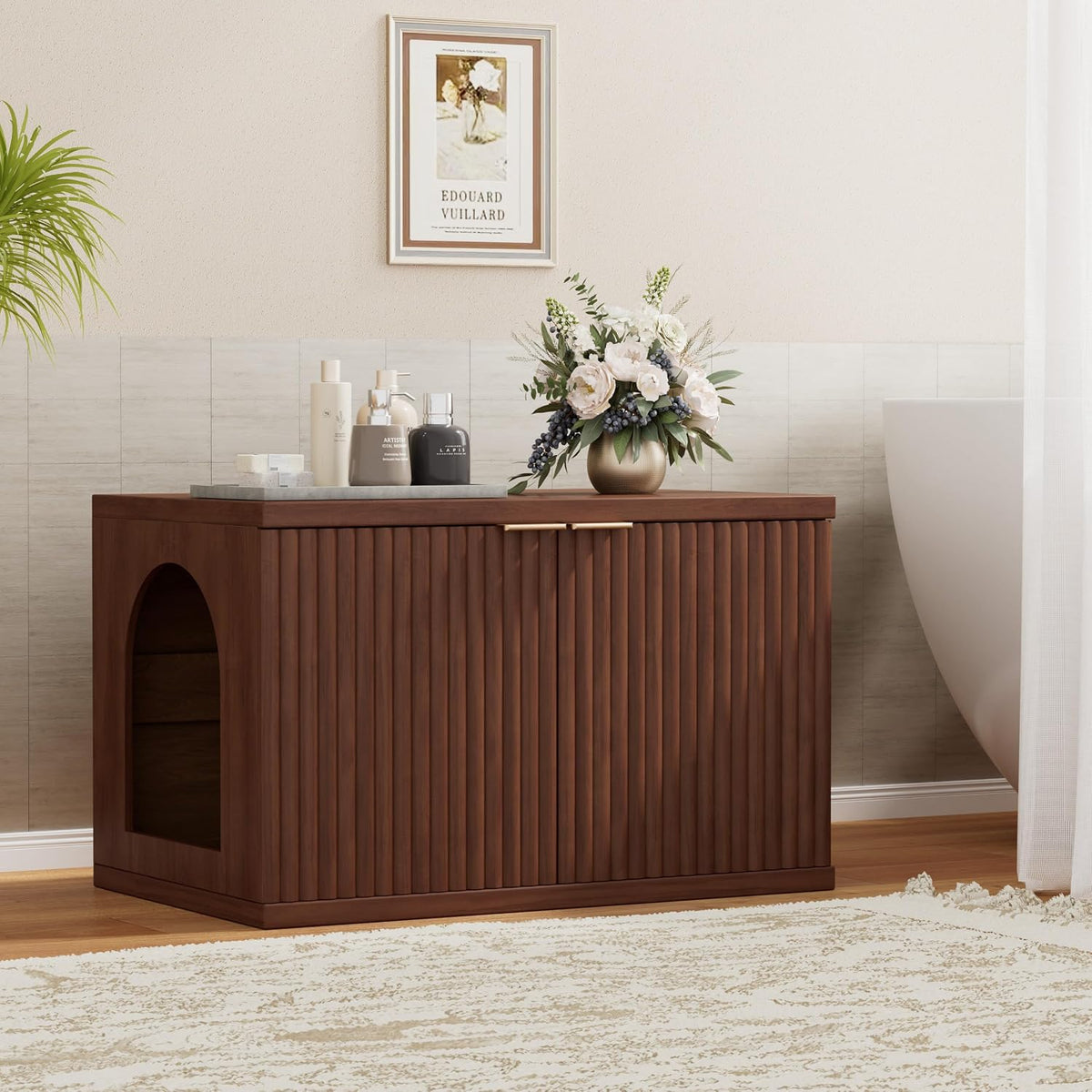 Homhedy Cat Litter Box Enclosure,Modern Fluted Accent,Reddish Brown