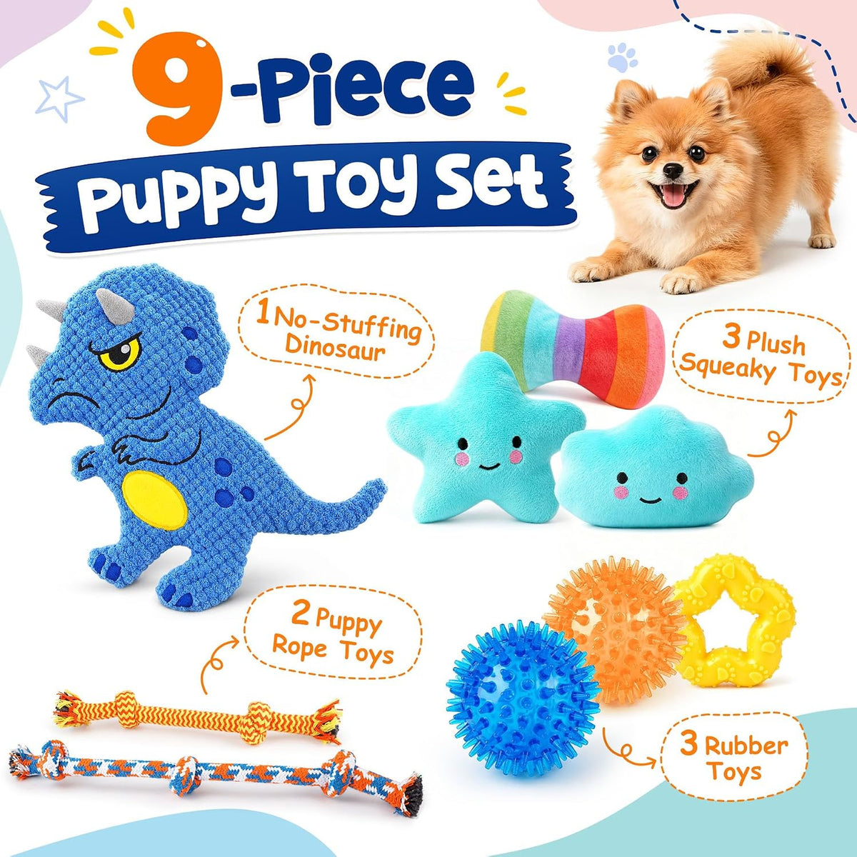 KIPRITII 9 Pack Puppy Toys for Teething, Small Dog Toys Set Keep Dogs Busy | No-Stuffing Dinosaur-Shaped Toy, Squeaky & Chew Play, Tug & Fetch, Boredom Relief, Indoor Play, Outdoor Interaction