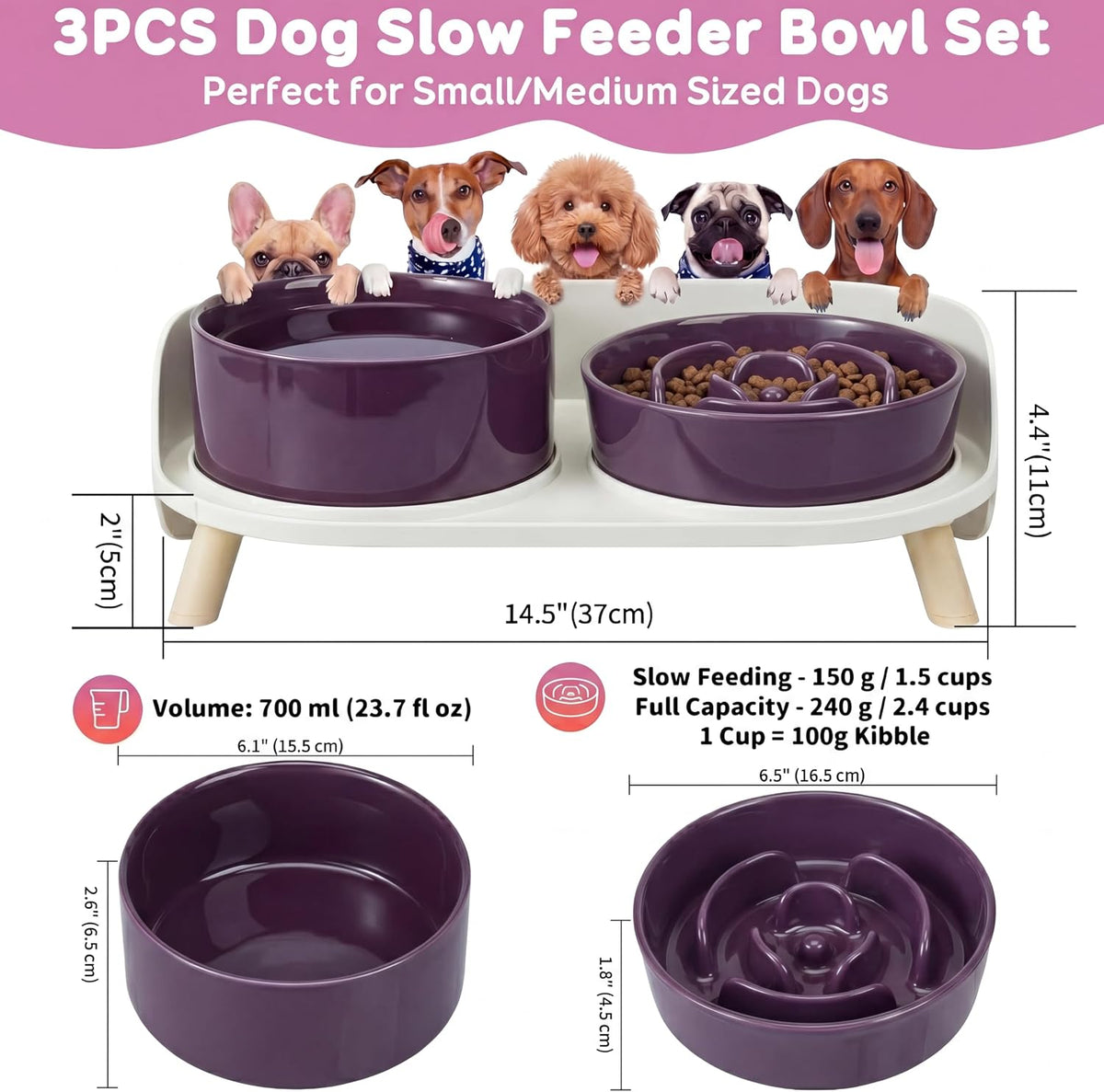 Elevated Slow Feeder Dog Bowls with Splash Proof Stand, Slow Eating 5X | 6.5″ Dog Slow Feeding Bowls & 6.1″ Dog Food Dish, Non-Slip Raised Food and Water Bowl Set for Small and Medium Breeds, Purple