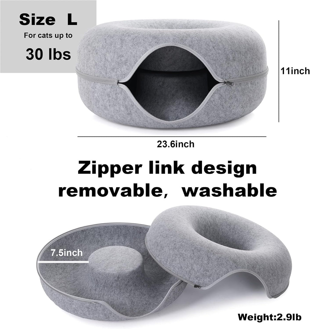 Large Cat Tunnel Bed for Indoor Cats with 3 Toys, Scratch Resistant Donut Cat Bed, Up to 30 Lbs (L 24x24x11, Light Grey)