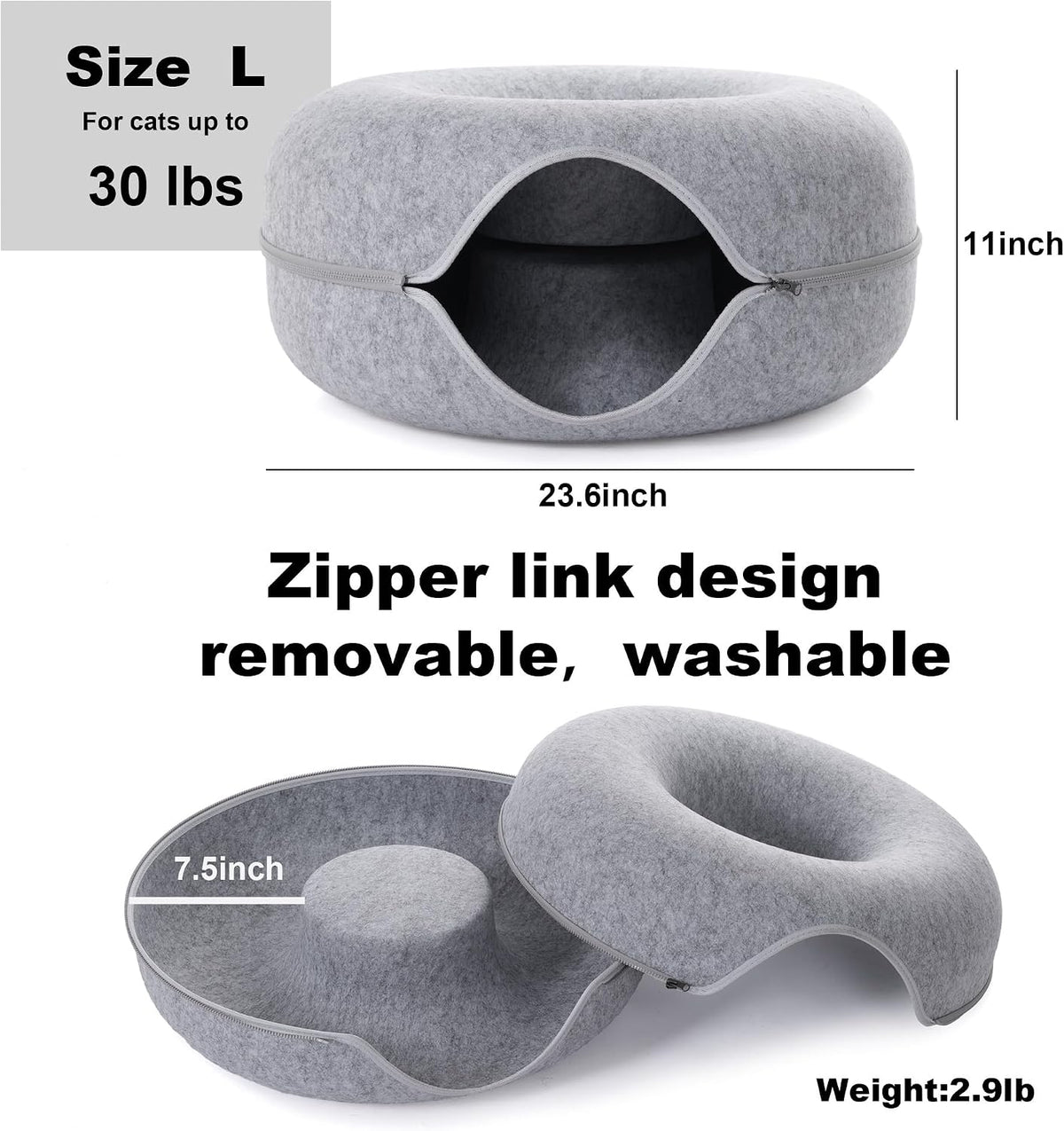 Large Cat Tunnel Bed for Indoor Cats with 3 Toys, Scratch Resistant Donut Cat Bed, Up to 30 Lbs (L 24x24x11, Light Grey)