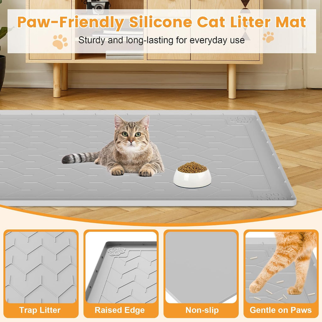 Silicone Cat Litter Mat, 40"x28" XLarge Waterproof Trapping Mats | Raised Edges Leakproof, Non-Slip, Scatter Control, Soft Paws, Litter Trap, Easy Shake/Rinse, Multi-Use(Food,Door,Kitchen)