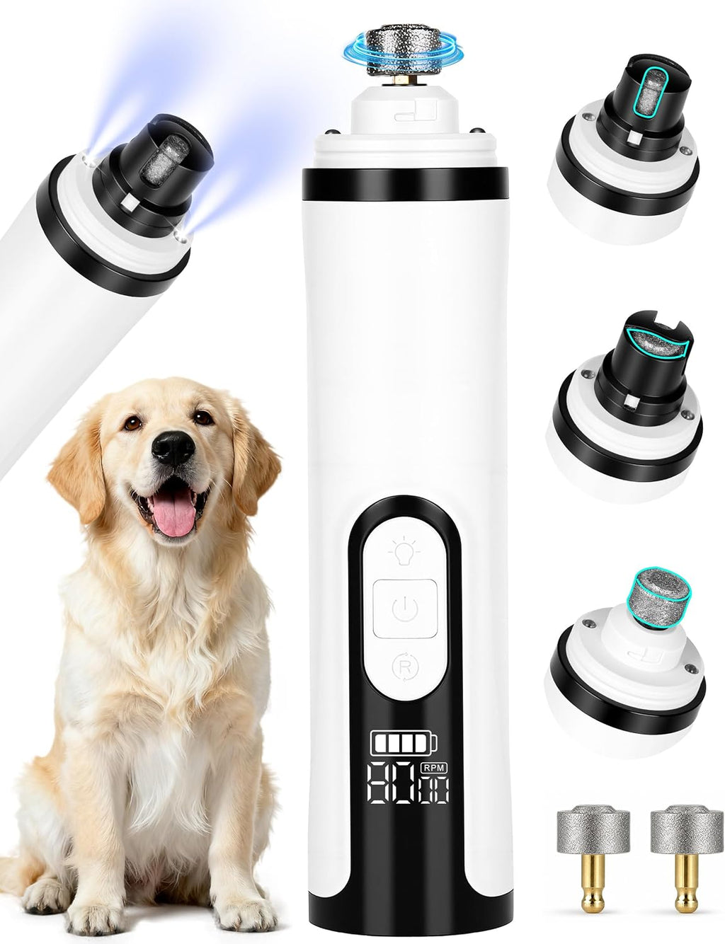 Dog Nail Grinder, Quiet Pet Nail Trimmer with LED, 3 Speeds & 3 Ports