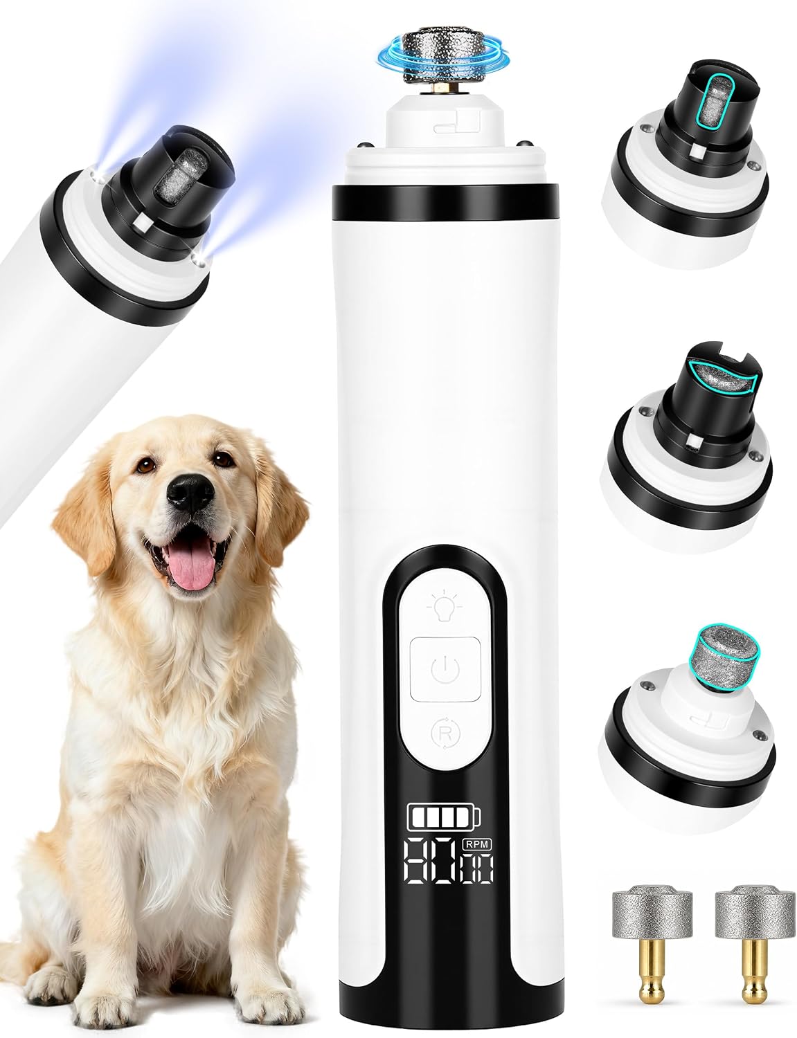 Dog Nail Grinder, Quiet Pet Nail Trimmer with LED, 3 Speeds & 3 Ports
