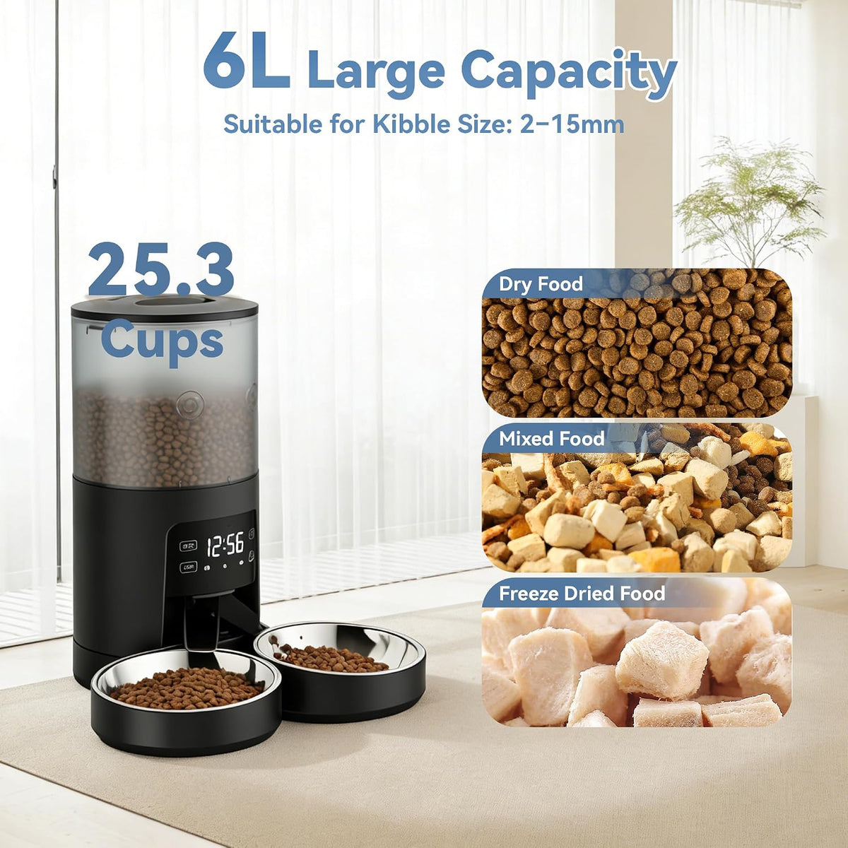 DUMOS 6L Automatic Cat Feeder for 2 Cats, Timed Pet Food Dispenser, Black