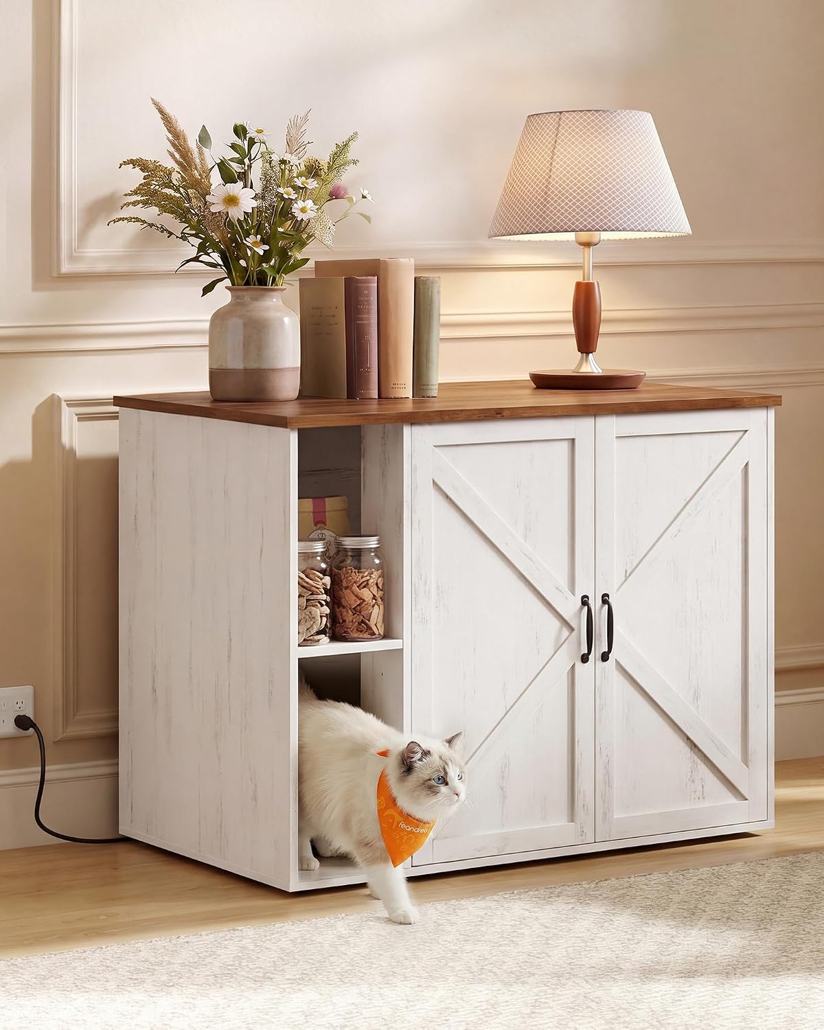 Feandrea Cat Litter Box Enclosure, Hidden Cat Washroom with Power Outlet | For Smart Litter Box, Barn Doors, 39.4 x 26.8 x 31.5 Inch, Rustic Brown and Honey Brown, HAINS Collection, UPCL052W201S