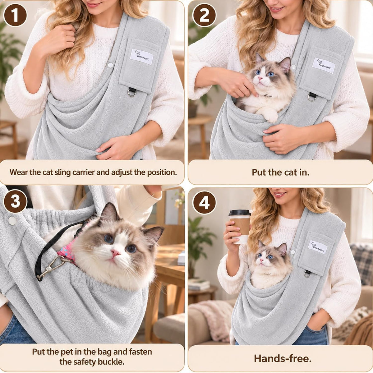 Cat Sling Carrier & Pet Sling for Small Dogs & Cats 3-14 lbs(Grey)