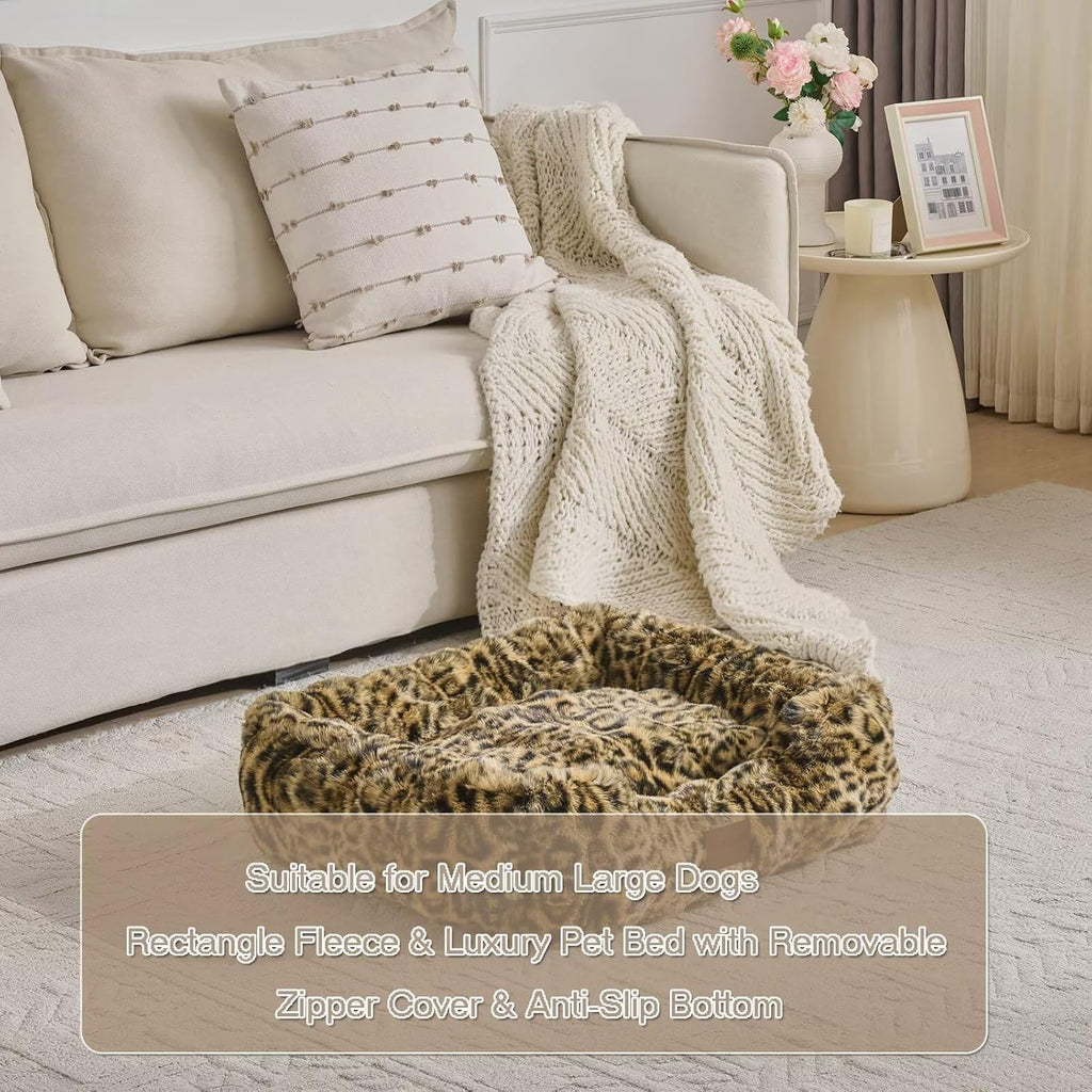 Washable Orthopedic Dog Bed,Rectangle Fleece & Luxury Pet Bed with Removable Zipper Cover & Anti-Slip Bottom,Suitable for Medium Large Dogs,30x25x7.5inches,Leopard Brown
