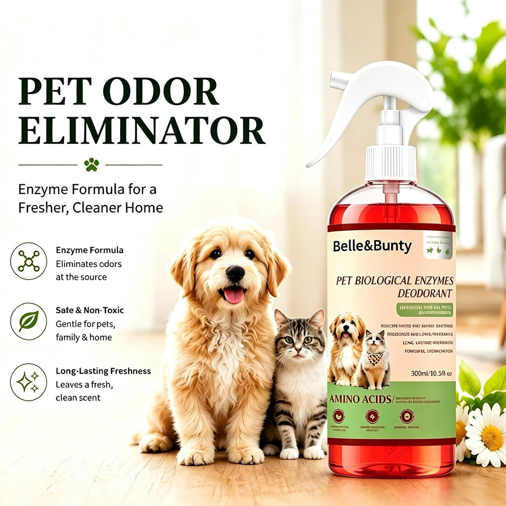 Belle & Bunty Pet Odor Eliminator Spray, Enzyme Cleaner for Dog Urine and Cat Urine, Pet Stain & Odor Remover for Carpet, Cat Litter Deodorizer, Dog Pee Cleaner for Home, Kennel and Furniture, 300ml
