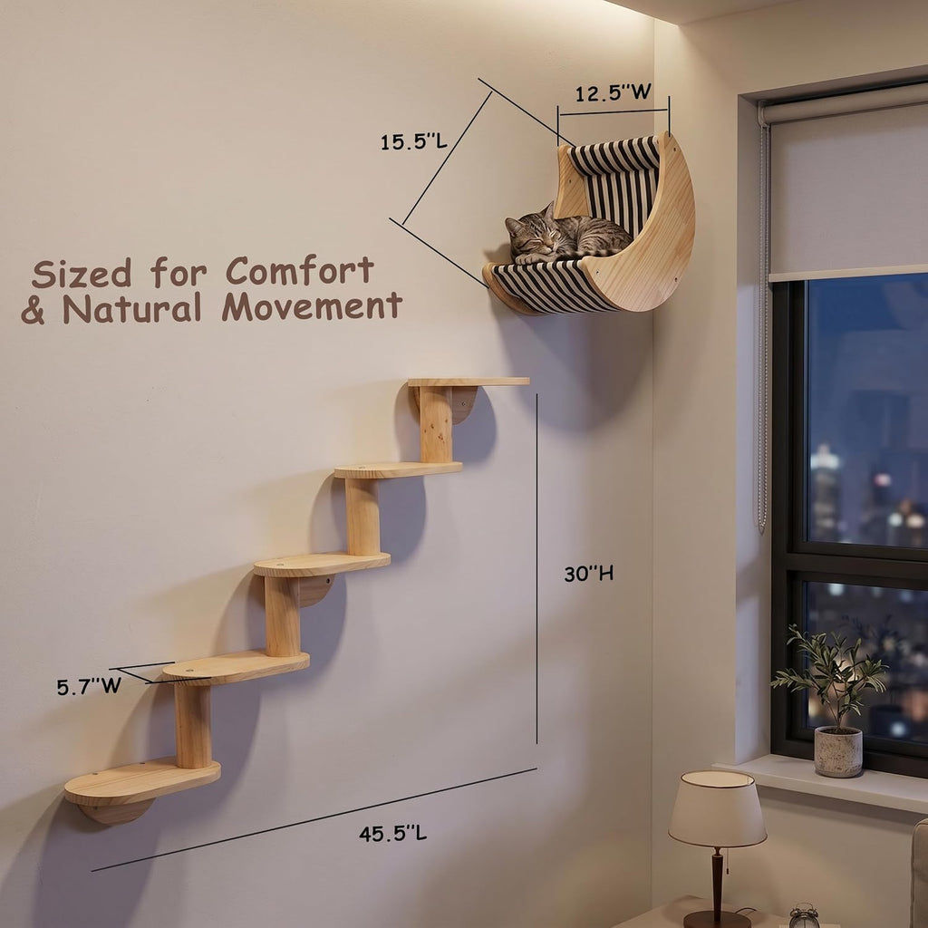 Cat Wall Shelves, Solid Wood Moon Bed, 5-Step Stairs for Vertical Climbing