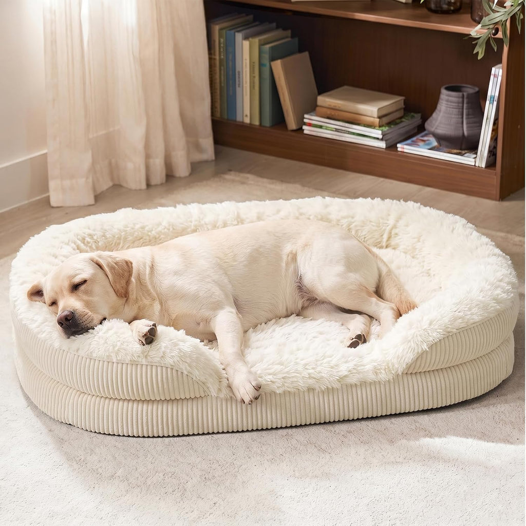 INVENHO Fluffy Orthopedic Dog Beds Large Sized Dog, Jumbo Egg-Crate Foam Bolster Sofa Bed with Washable Removable Waterproof Cover, Fluffy Plush Faux Fur Dog Bed with Non-Skid Bottom