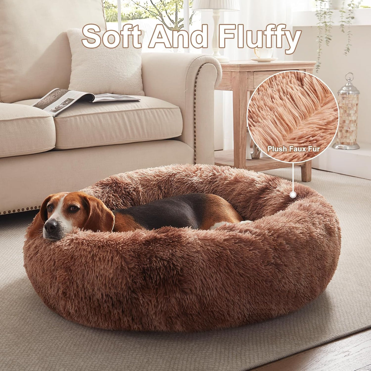 33 in Faux Fur Donut Dog Bed for Medium Plus Dogs,Tie-dye Brown