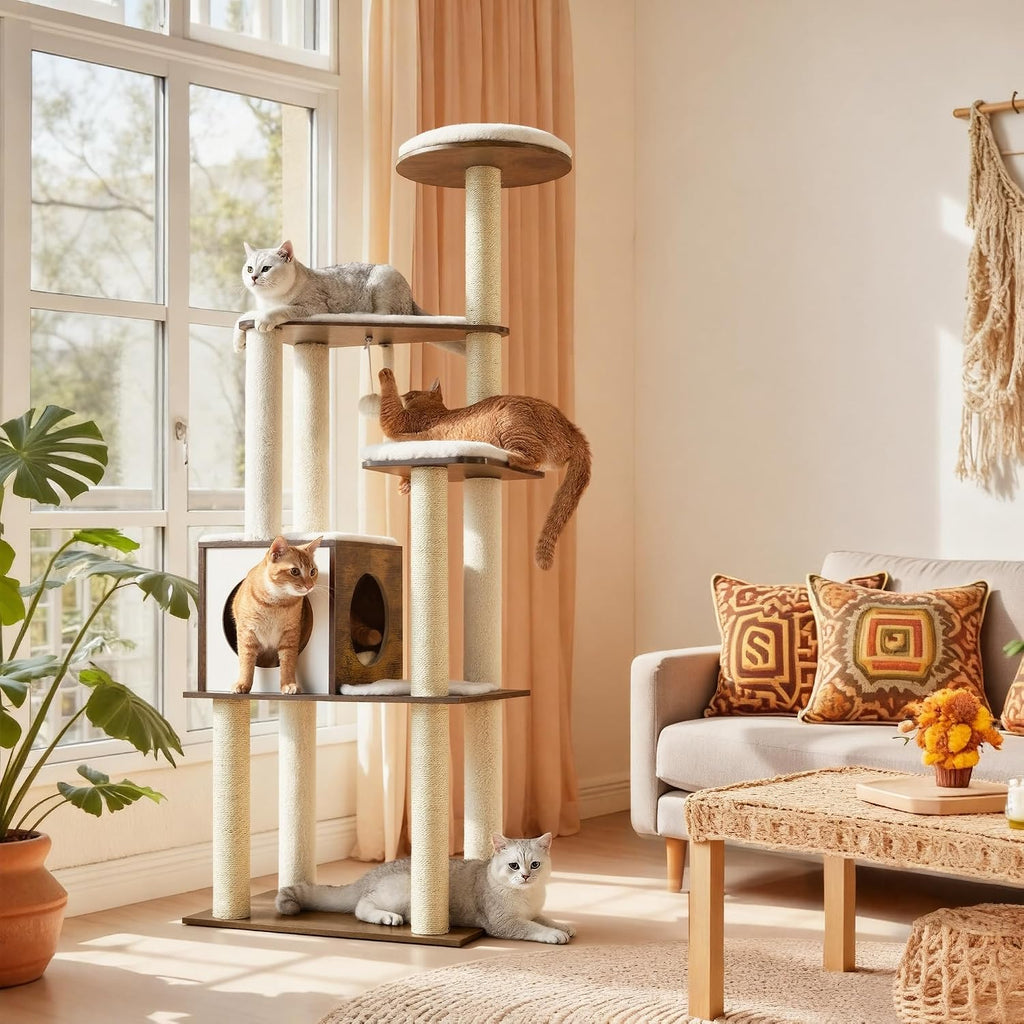 Feandrea Cat Tree, 64.6-Inch Multi-Level Tower with 5 Scratching Posts