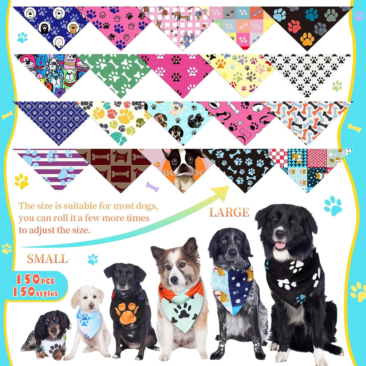 Huhumy 150 Pcs Paw Dog Bandanas Bulk Pet Paw Grooming Bandanas for Dogs