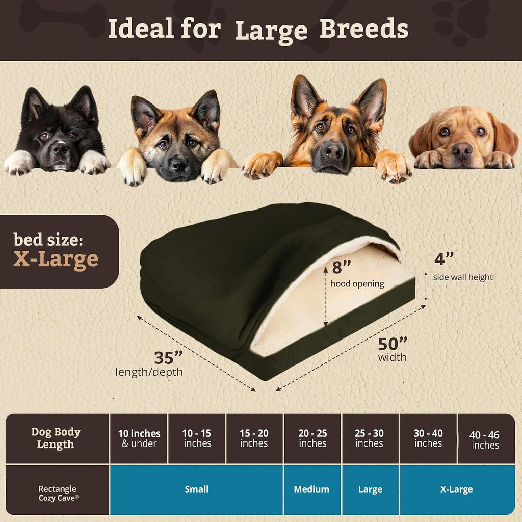 Snoozer Rectangle Cozy Cave Dog Bed, Hooded Dog Bed, Olive (XL)