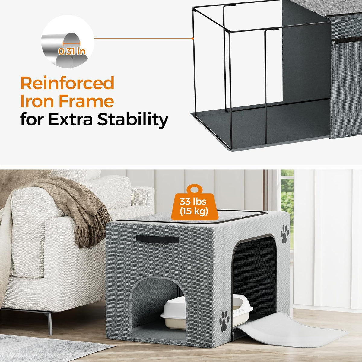 Hidden Cat Litter Box Enclosure with Cat Bed, Foldable Fabric Cat House | Tool-Free Assembly, Front Zipper Access, Spacious Interior, Easy Daily Cleaning, Fits Most Standard Litter Boxes
