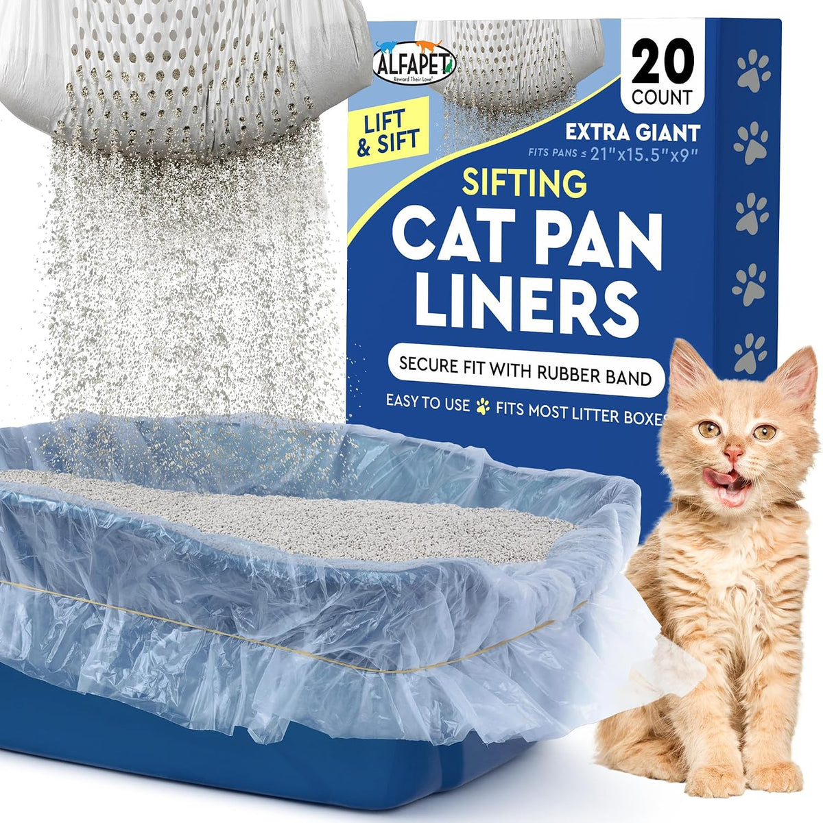 Alfapet Original Sifting Cat Litter Box Liners - Extra Giant 20 Count - Tear-Resistant Cat Litter Bags - Waterproof Kitty Litter Liners - Fits Almost All Litterbox Pan Sizes, 40" x 38", 30 lb Capacity
