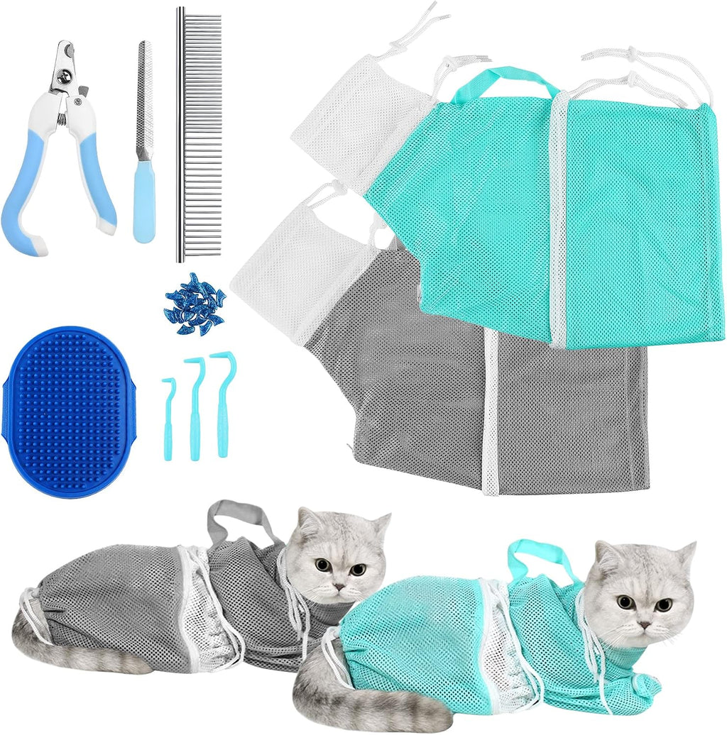 JULMELON 10 PCS Cat Washing Bag for Bath Shower Adjustable Net Grooming Set | Pet Brush Nail Clipper File, Hair Combs Tick Tool, Nail Caps, Bathing Trimming Examination, Grey and Green 