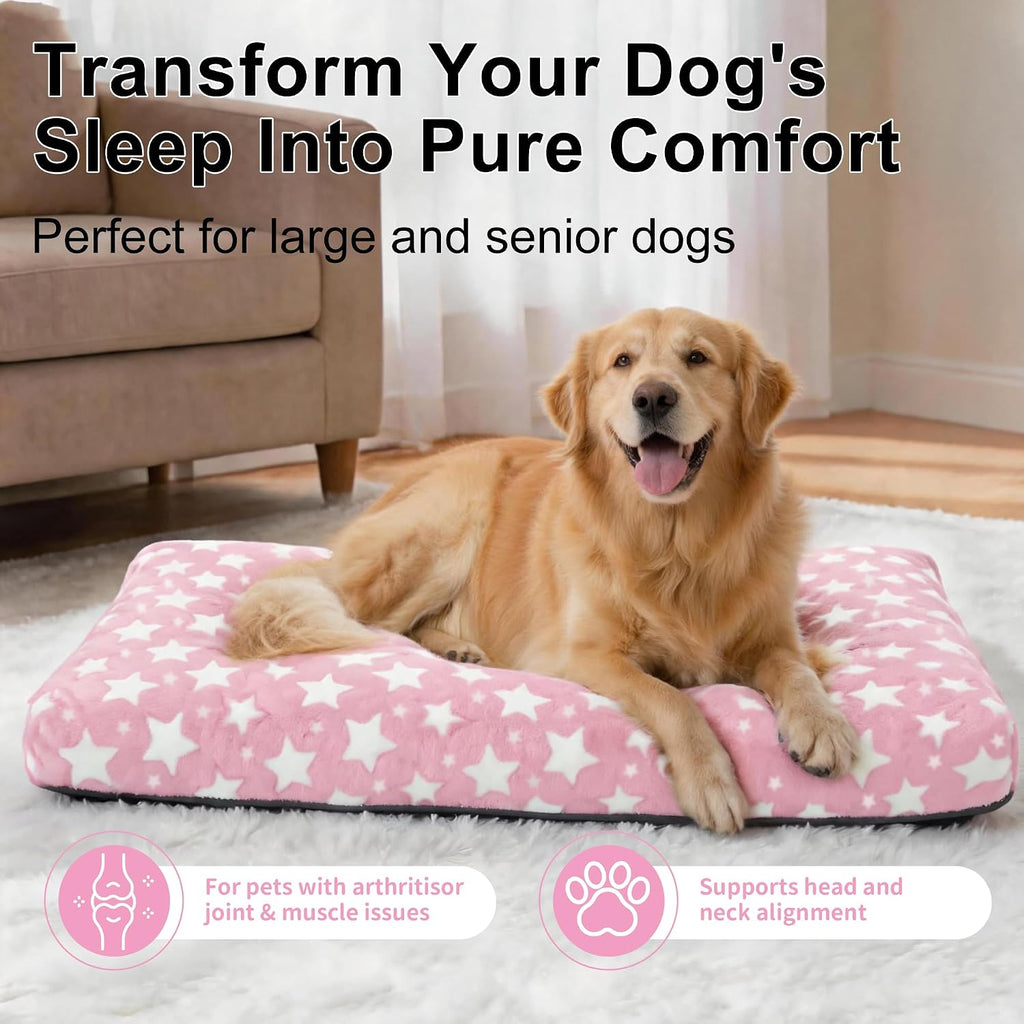 Orthopedic Dog Bed for Large Dogs, Washable Dog Mat with Removable Zippered Cover, Non-Slip Bottom, Comfort Crate Bed (Big&Little Stars Pink, L(35"*23"*3.1"))