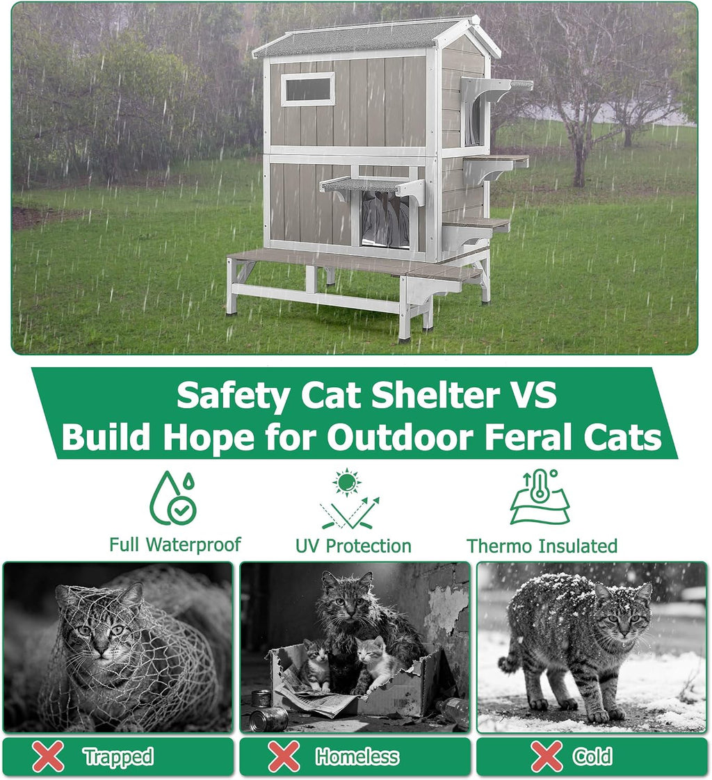 GoWoodHut Outdoor Cat House Weatherproof Cats Shelter for Feral Kitten Pet Houses for 1-2 Small Animlas 2 Story Wooden Houses for Indoor Outdoor Cats with Escape Doors (25.5" D x 33.5" W x 39.5" H)