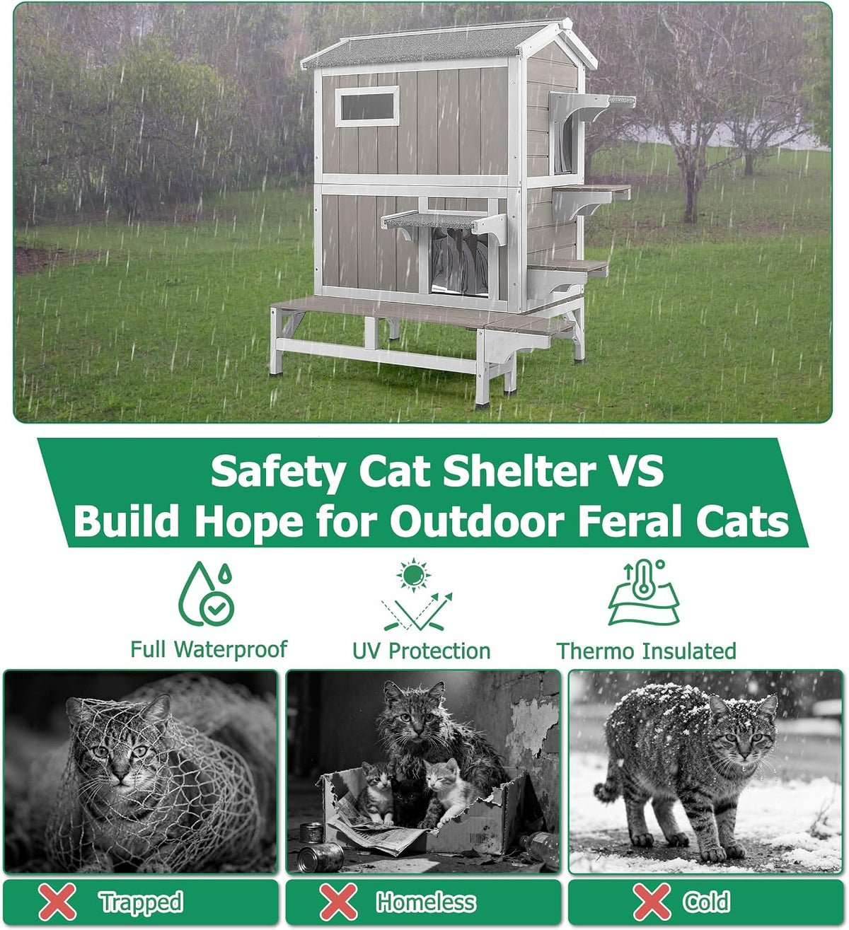 GoWoodHut Outdoor Cat House Weatherproof Cats Shelter for Feral Kitten Pet Houses for 1-2 Small Animlas 2 Story Wooden Houses for Indoor Outdoor Cats with Escape Doors (25.5" D x 33.5" W x 39.5" H)
