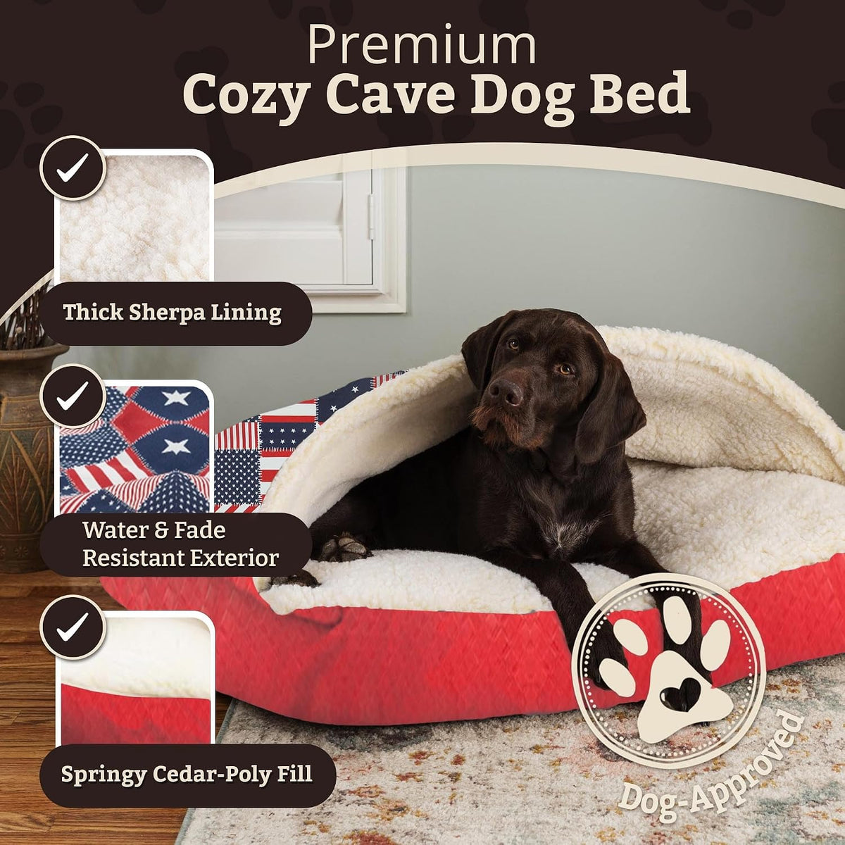 Snoozer Rectangle Cozy Cave Dog Bed, Hooded Dog Bed, Starpatch Diamond (M)