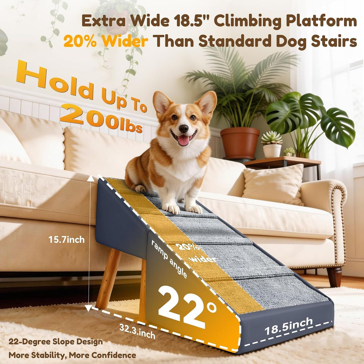 15.7" H Dog Ramp for Couch, 18.5" Extra Wide Pet Steps & Ottoman