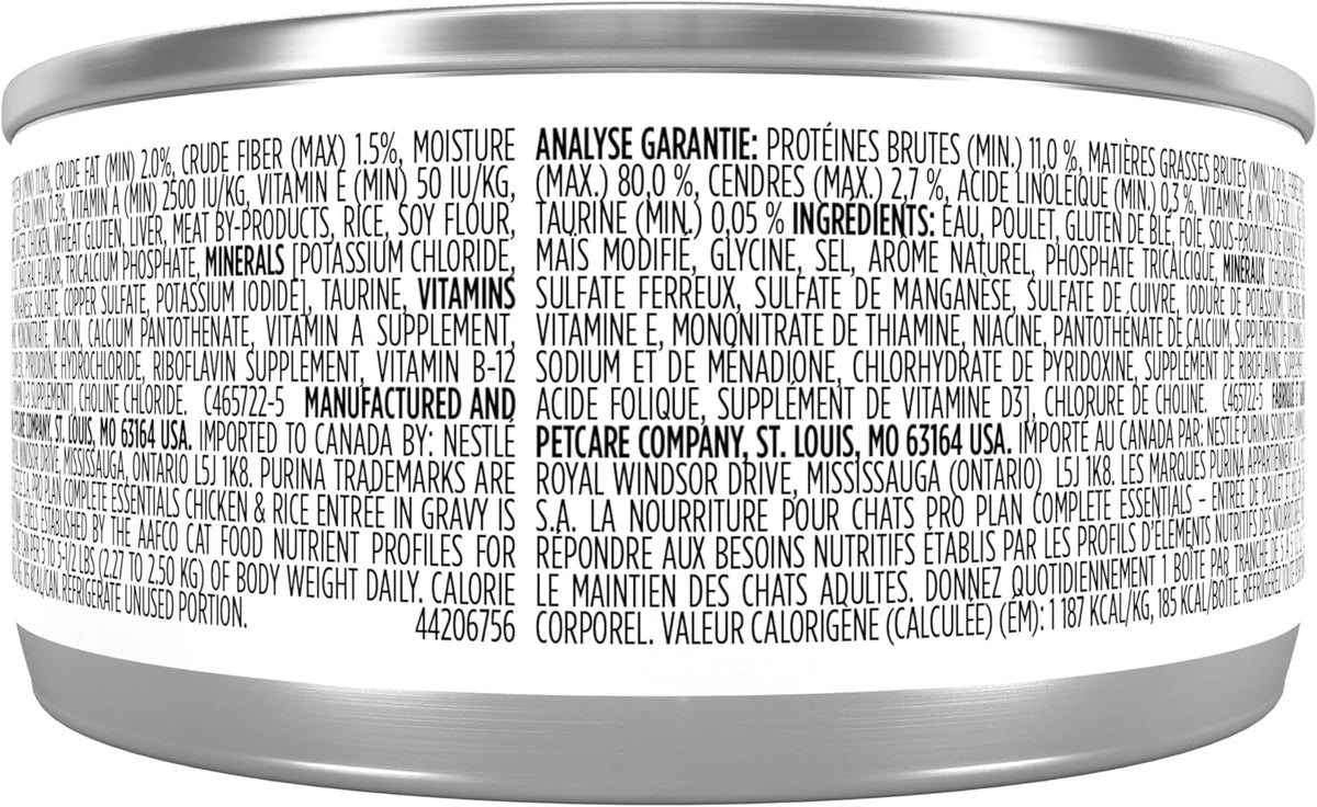 Purina Pro Plan Complete Essentials High Protein Cat Food Wet Gravy,Chicken and Rice Entree - 5.5 Oz. Pull-Top Cans,(Pack of 48)