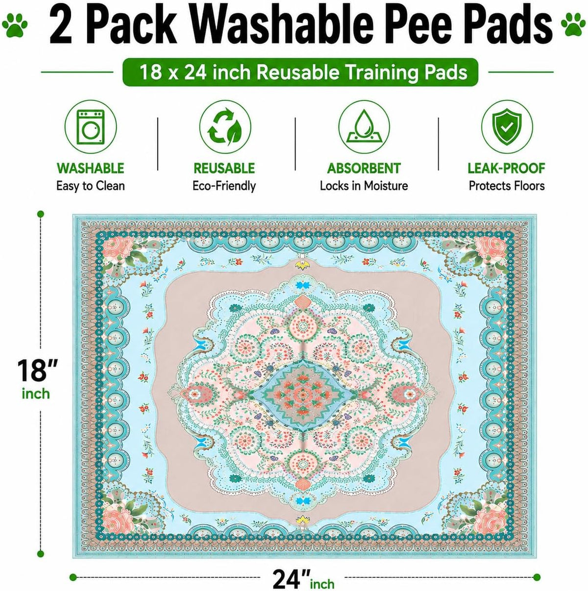 Washable Pee Pads for Dogs, 18"x24", 2 Pack Reusable Puppy Training Pads | Super Absorbent, Leak-Resistant and Non-Slip for Puppy Training, Crates, Playpens, Whelping and Senior Dog Care