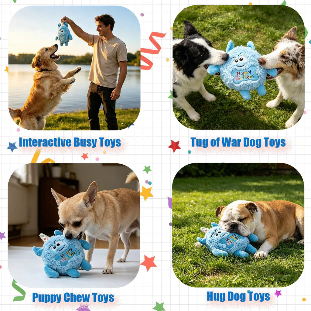 Monster Dog Birthday Toy for Gifts, Stuffed Dog Plush Toy, Blue | Crinkle Squeaky, Soft Lightweight Toy for Fetch and Chew, Interactive Outdoor Indoor Play for Tug, For Puppy Small Medium Dog